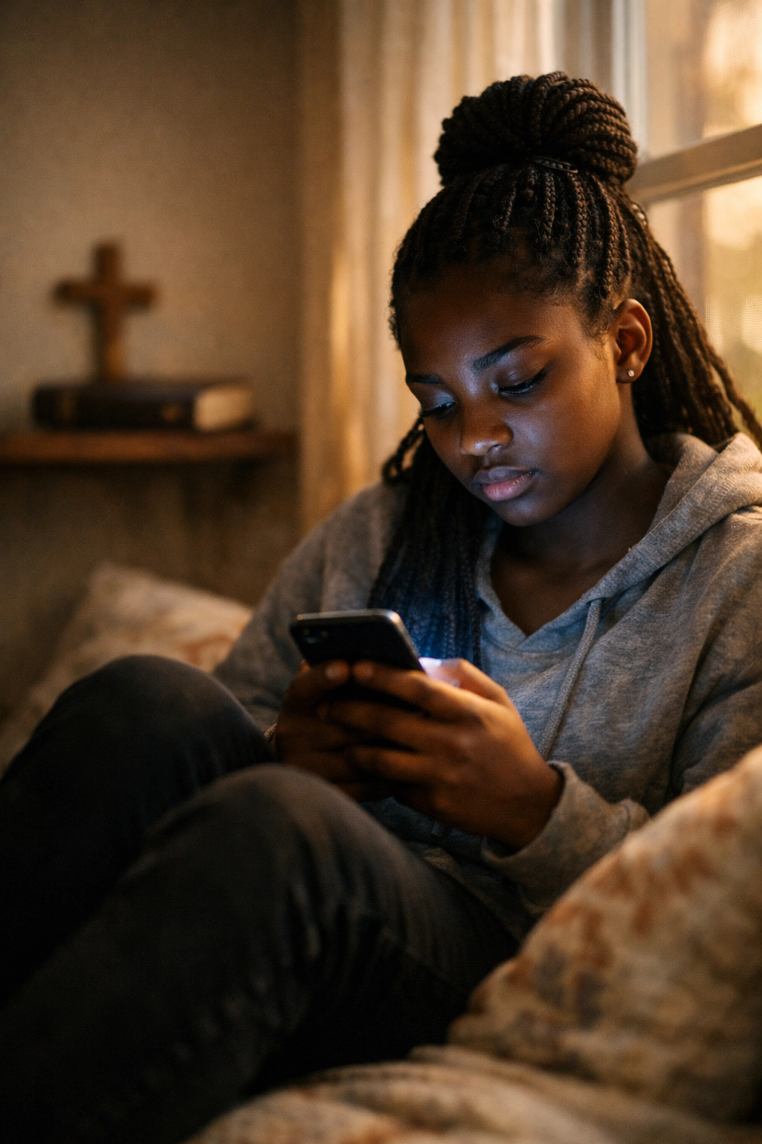 Sad teenage girl looking at a smartphone, representing social media warning signs Christian parents miss.