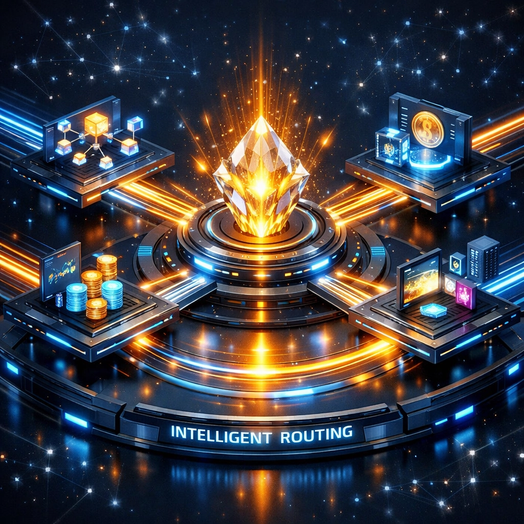 Larecoin AI intelligent routing hub optimizing digital asset transfers across different blockchains.