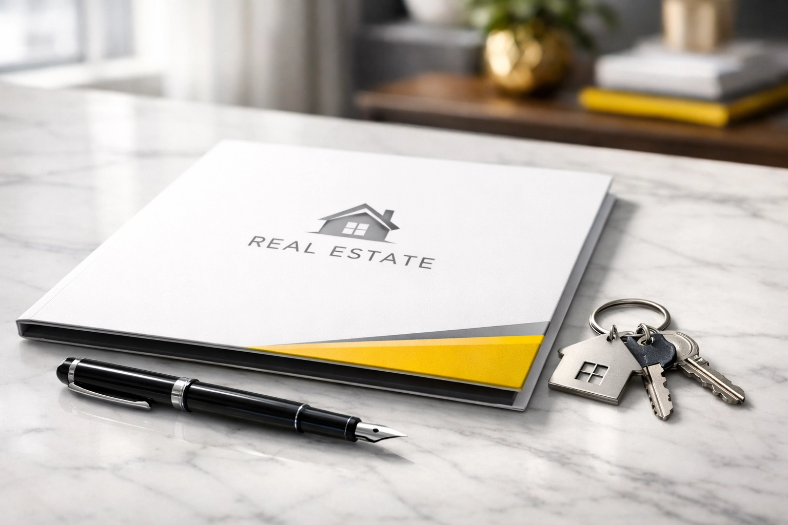 Professional custom presentation folder for real estate agents on a modern marble desk with house keys.
