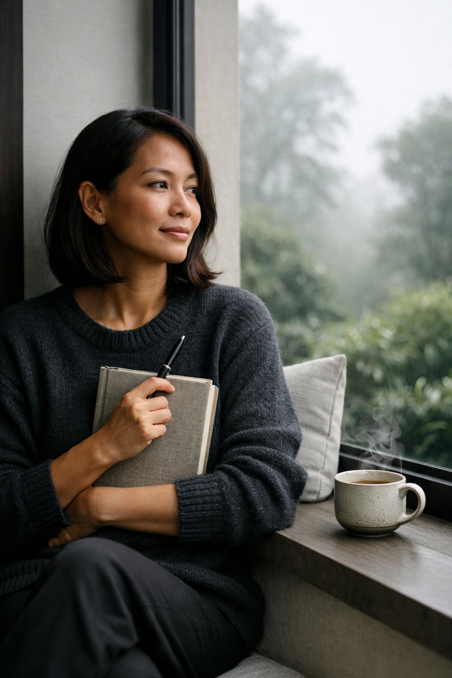 Woman journaling by a window with tea in soft morning light, showing a grounding routine for how to overcome anxiety instead of starting the day with social media scrolling.