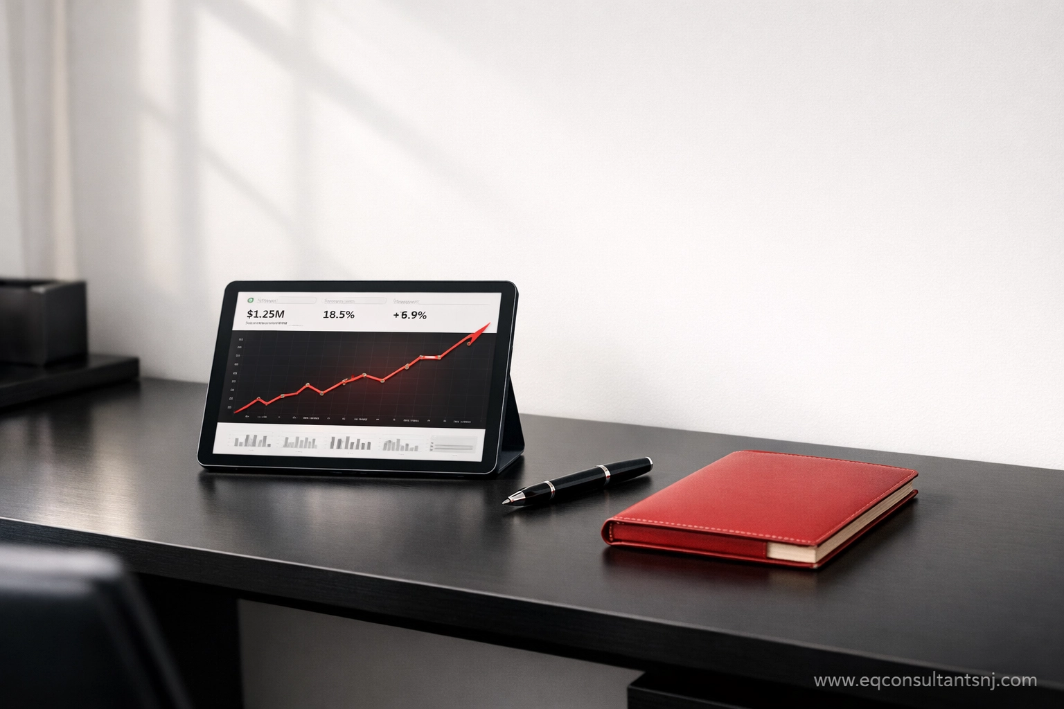 Modern workspace with a financial dashboard showing growth for coaching business strategy and clarity.