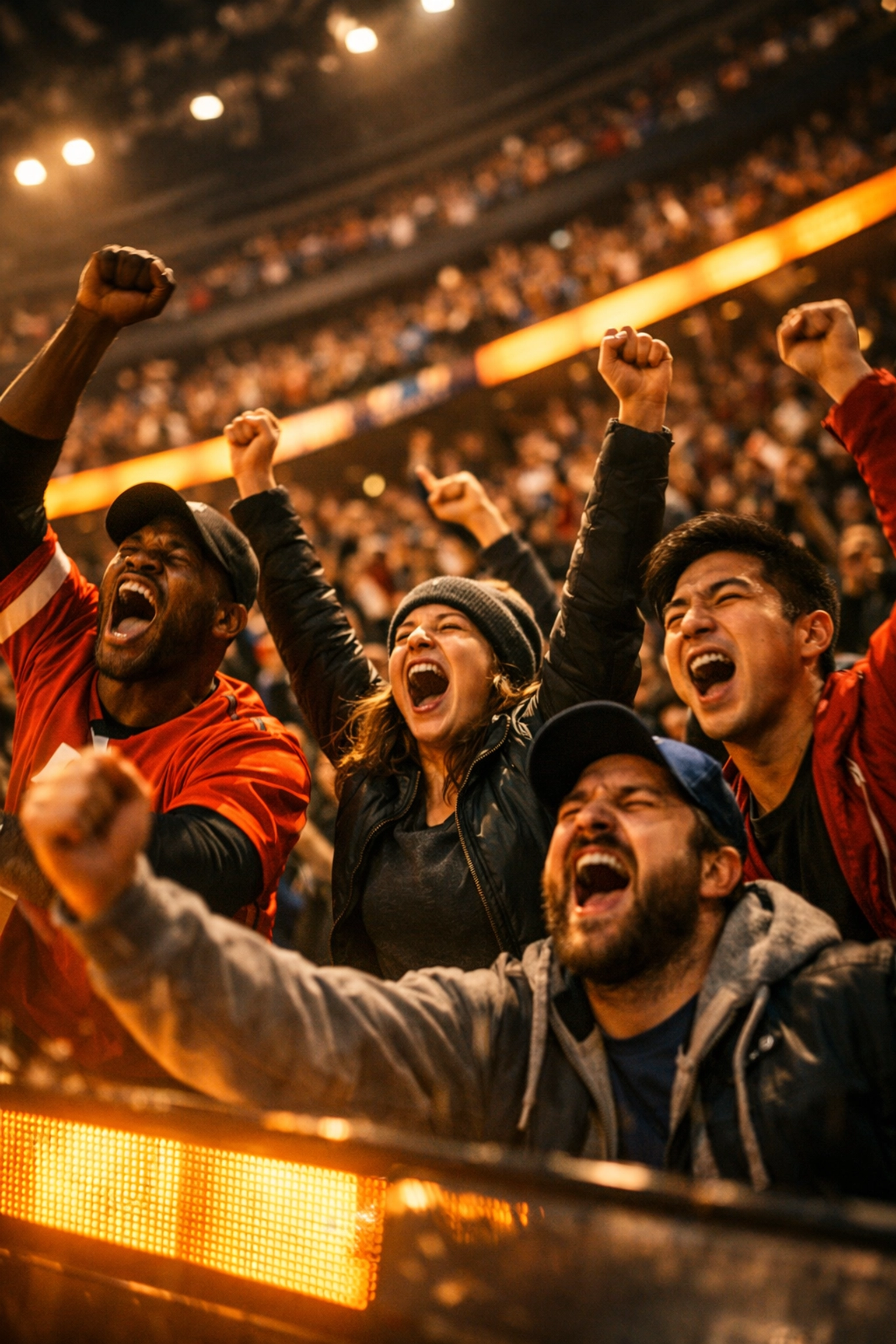 Excited sports fans celebrating a goal in an arena with vibrant perimeter DOOH screens.