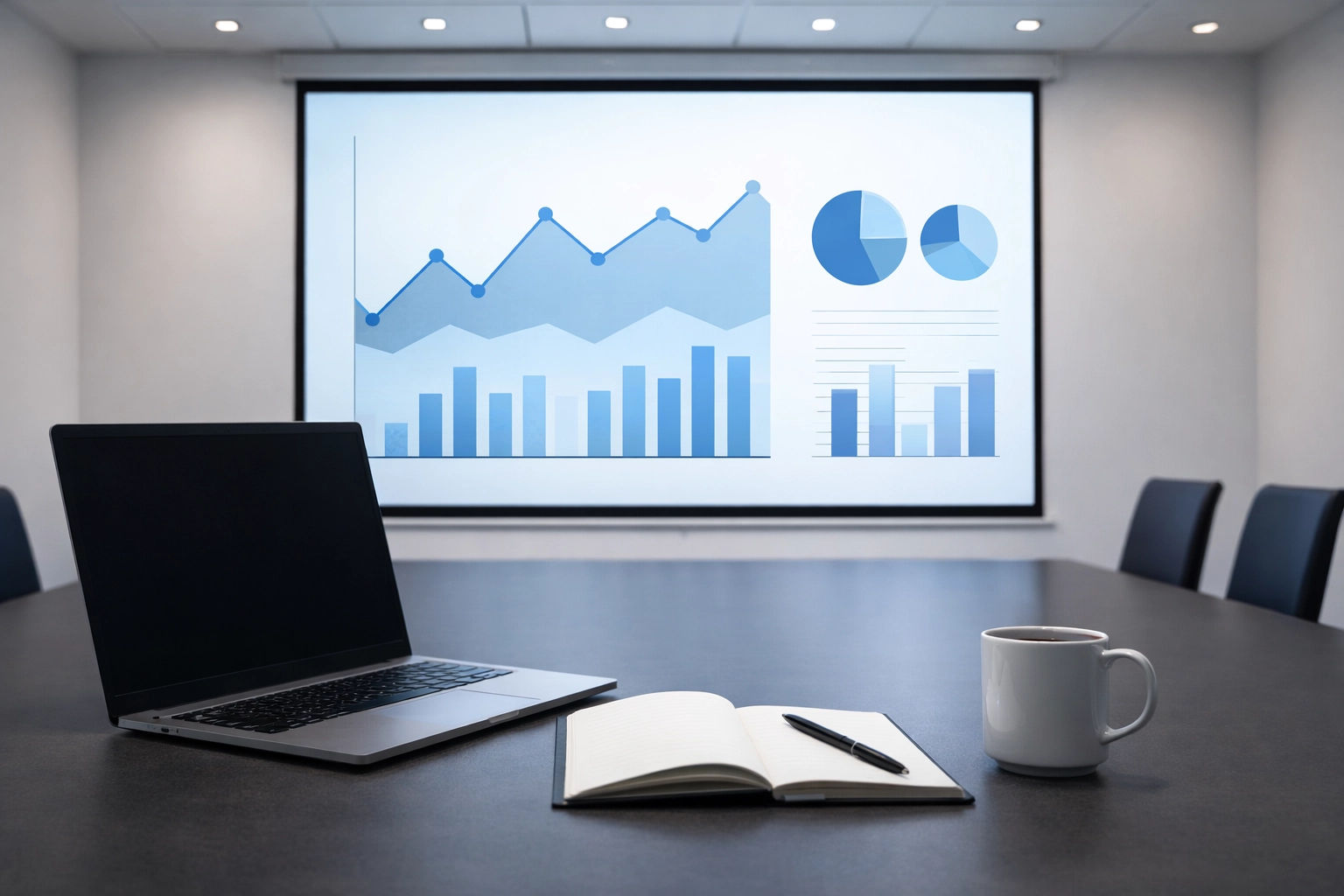 Professional digital marketing meeting setup with analytics screen - Simon Leung