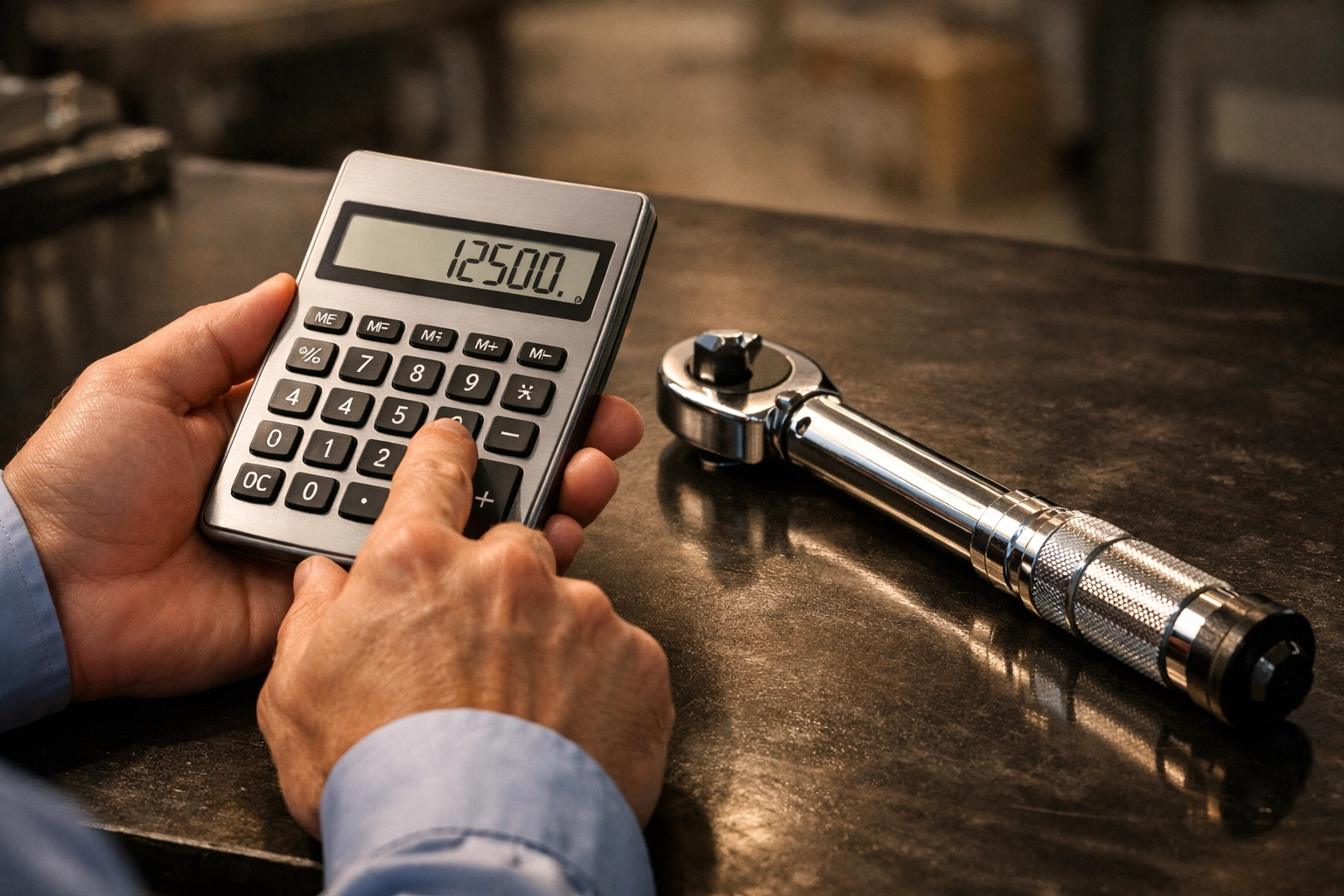 Hands with a calculator and torque wrench representing expert auto repair MSO bookkeeping services.