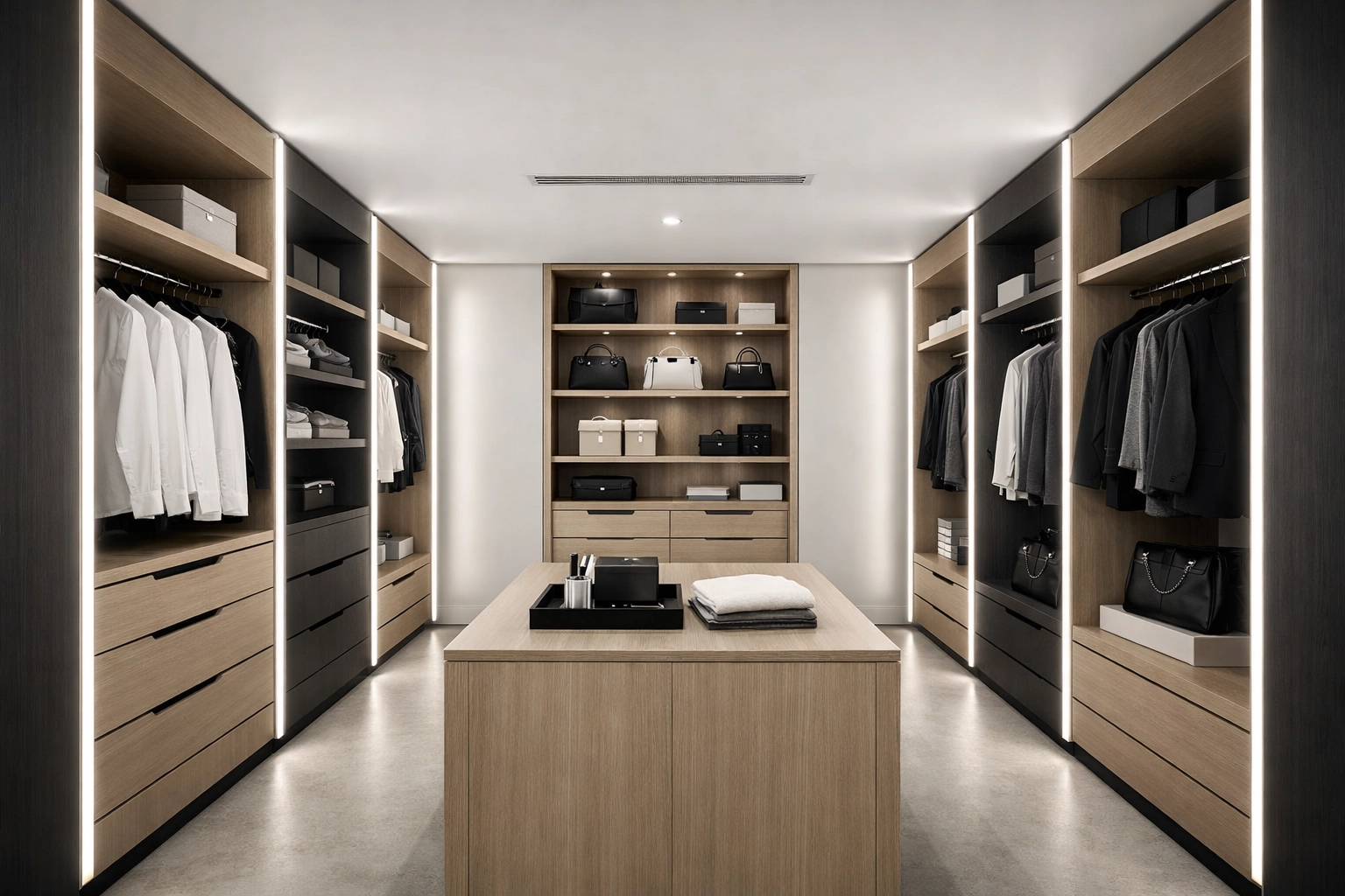 Modern walk-in closet featuring vertical integrated linear LED lighting for a boutique glow