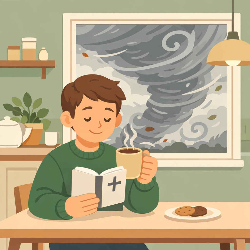 Cartoon illustration of a man reading the Bible in a storm, representing spiritual growth in Green River WY.