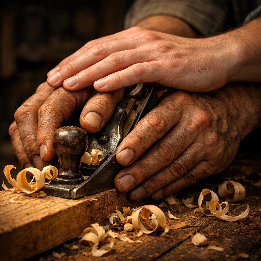 Two men working together on a woodworking project, a scene of connection from a heartfelt gay romance.
