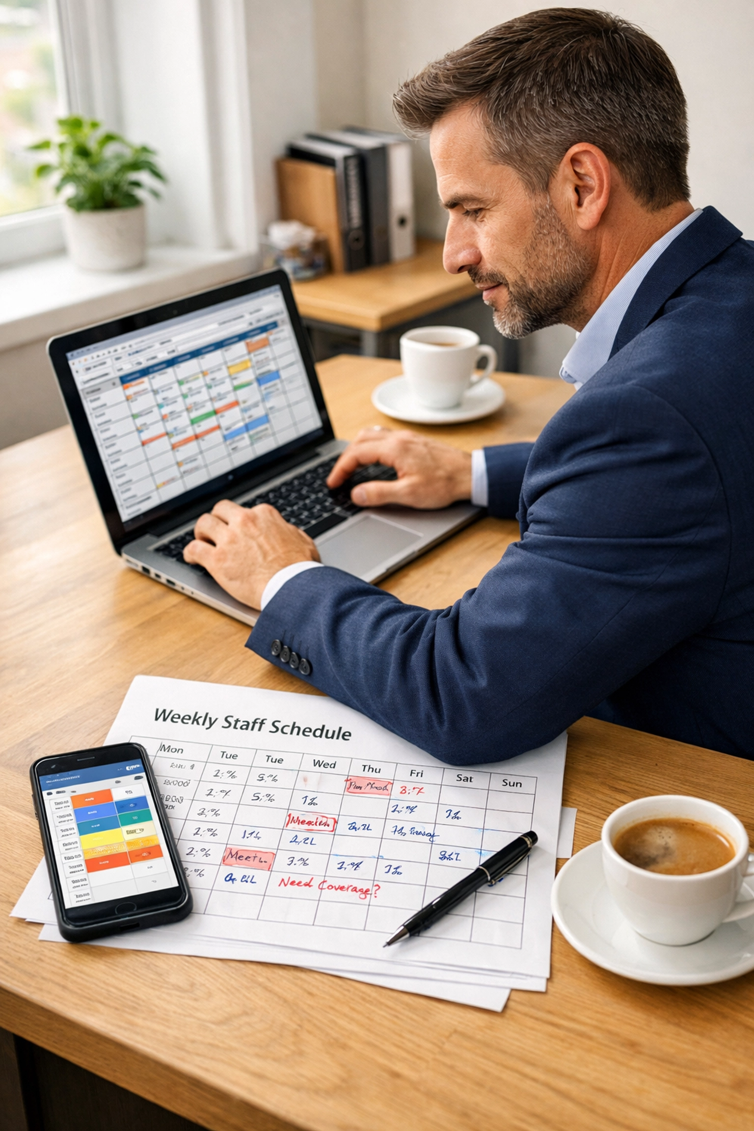 Restaurant manager optimizing staff schedules to reduce labor costs and improve efficiency