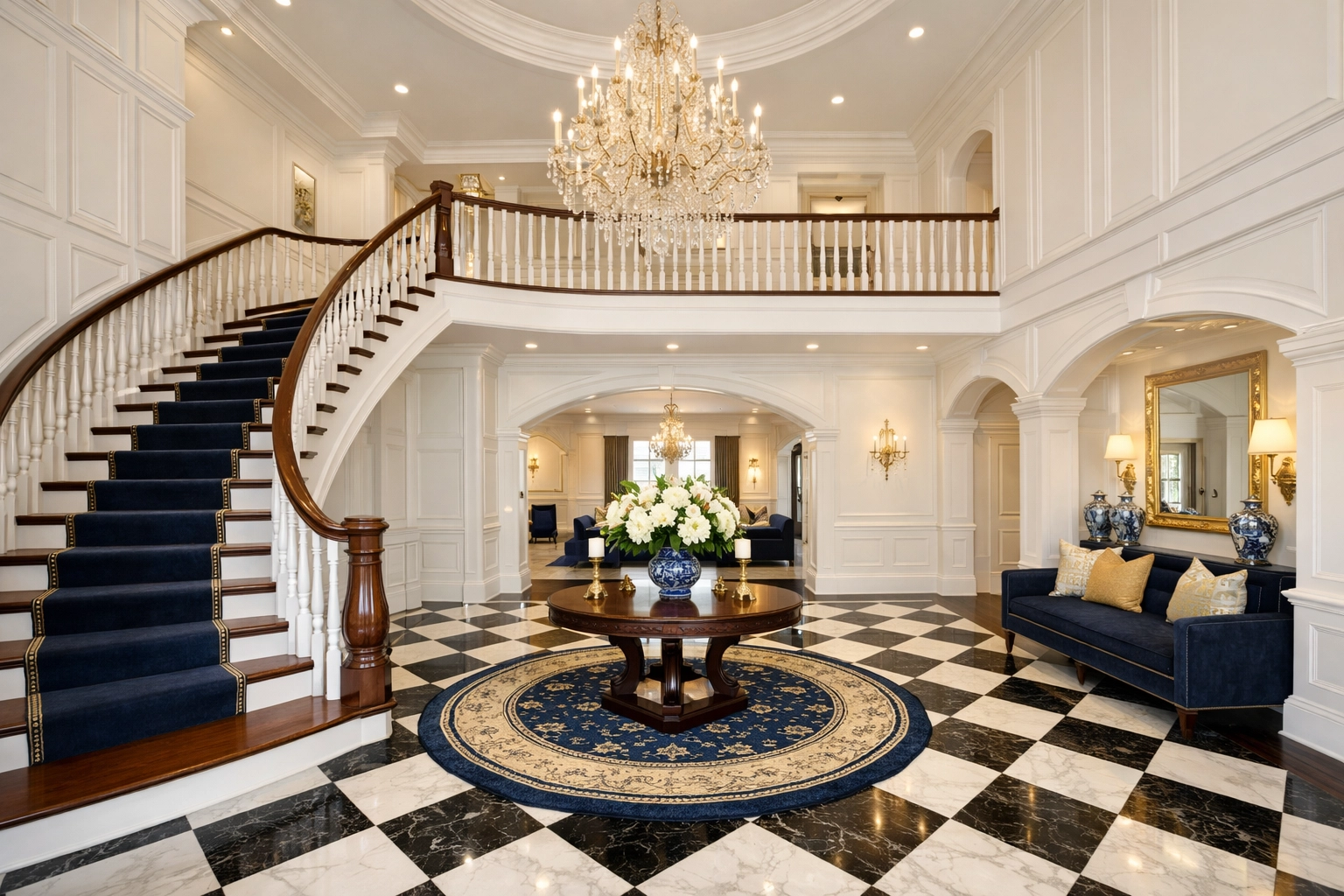 Pristine foyer of a grand Foxborough estate with polished marble floors after a professional deep cleaning.