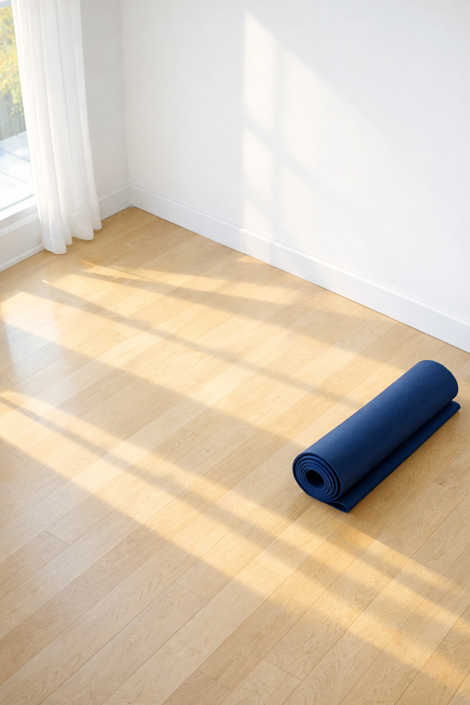 Pristine hardwood yoga studio floor in Melrose sanitized for barefoot safety.