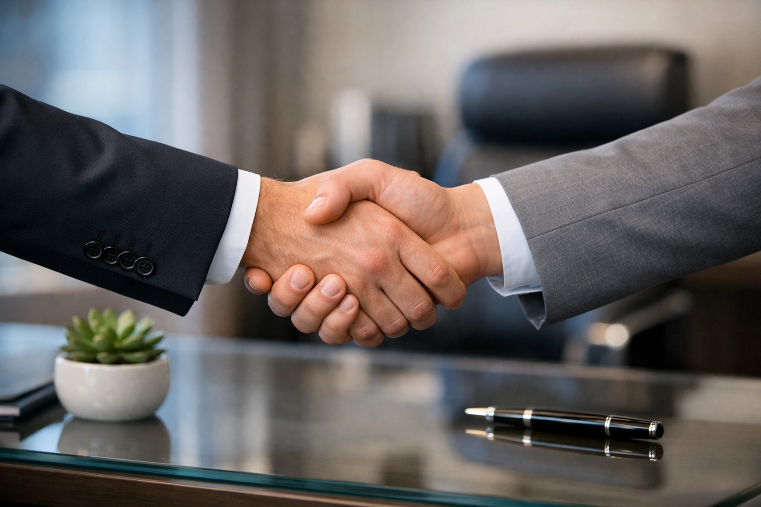 A professional handshake in an office setting, signifying a successful agreement and business exit in Jackson.