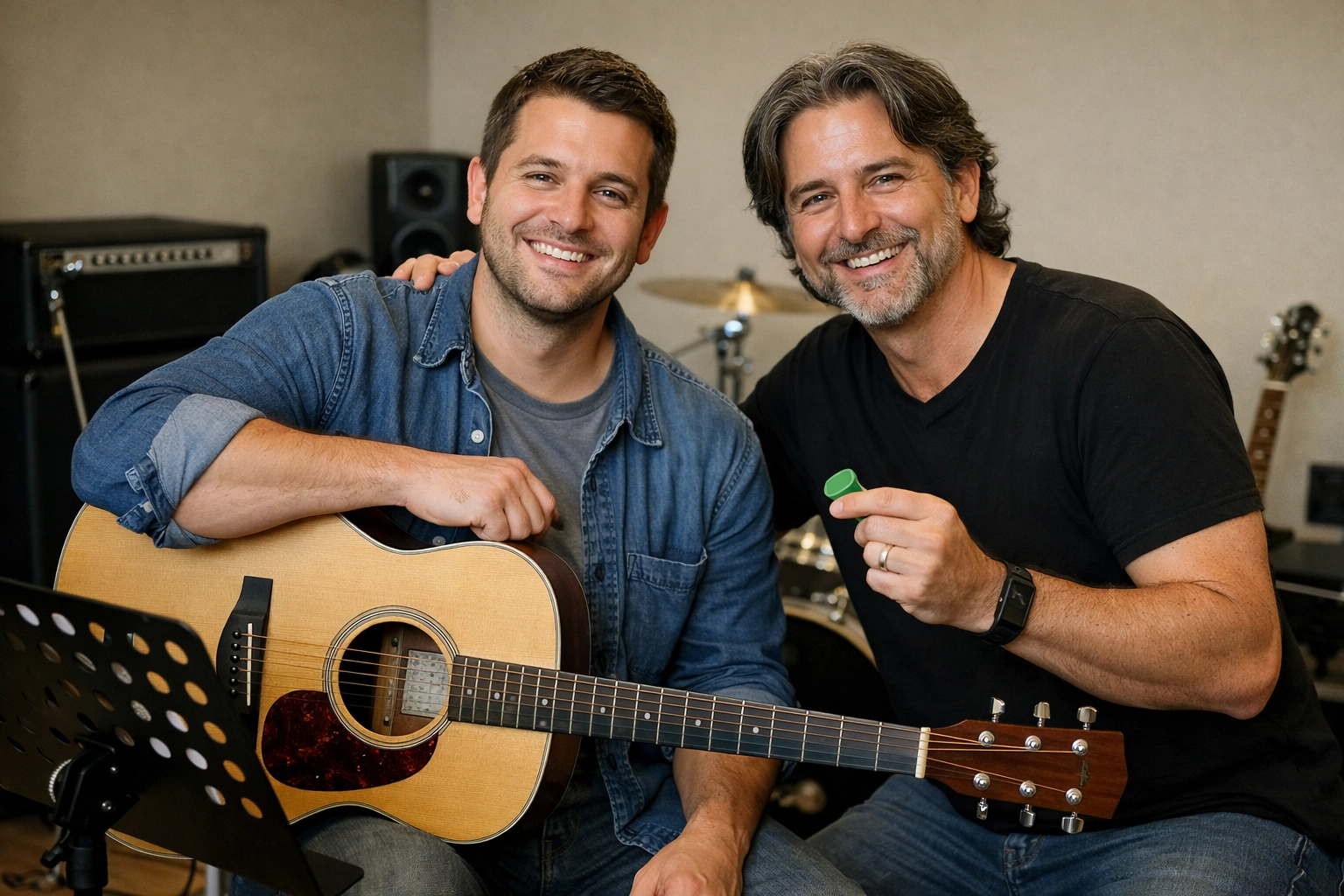 An adult student and instructor enjoying a successful one-on-one guitar lesson in a Tallahassee studio.