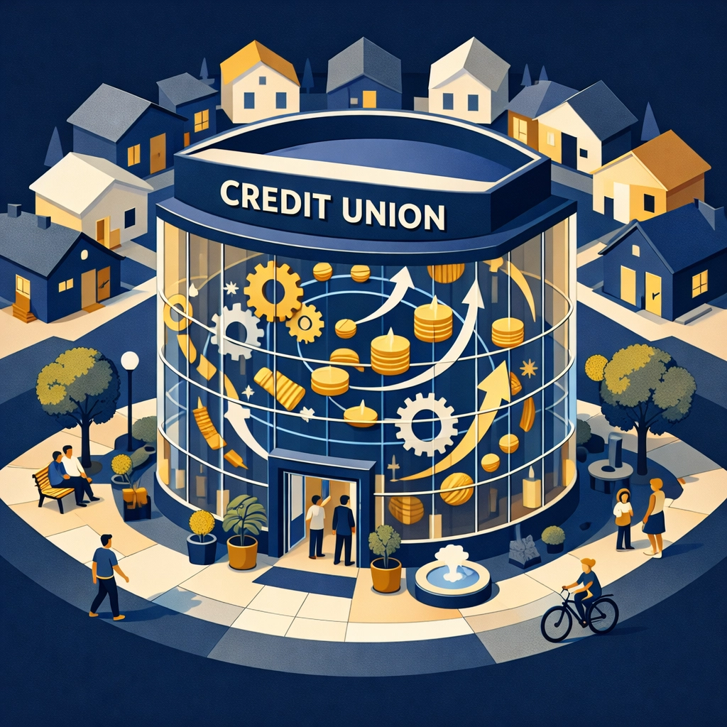 Credit union building as neighborhood community hub with transparent financial operations