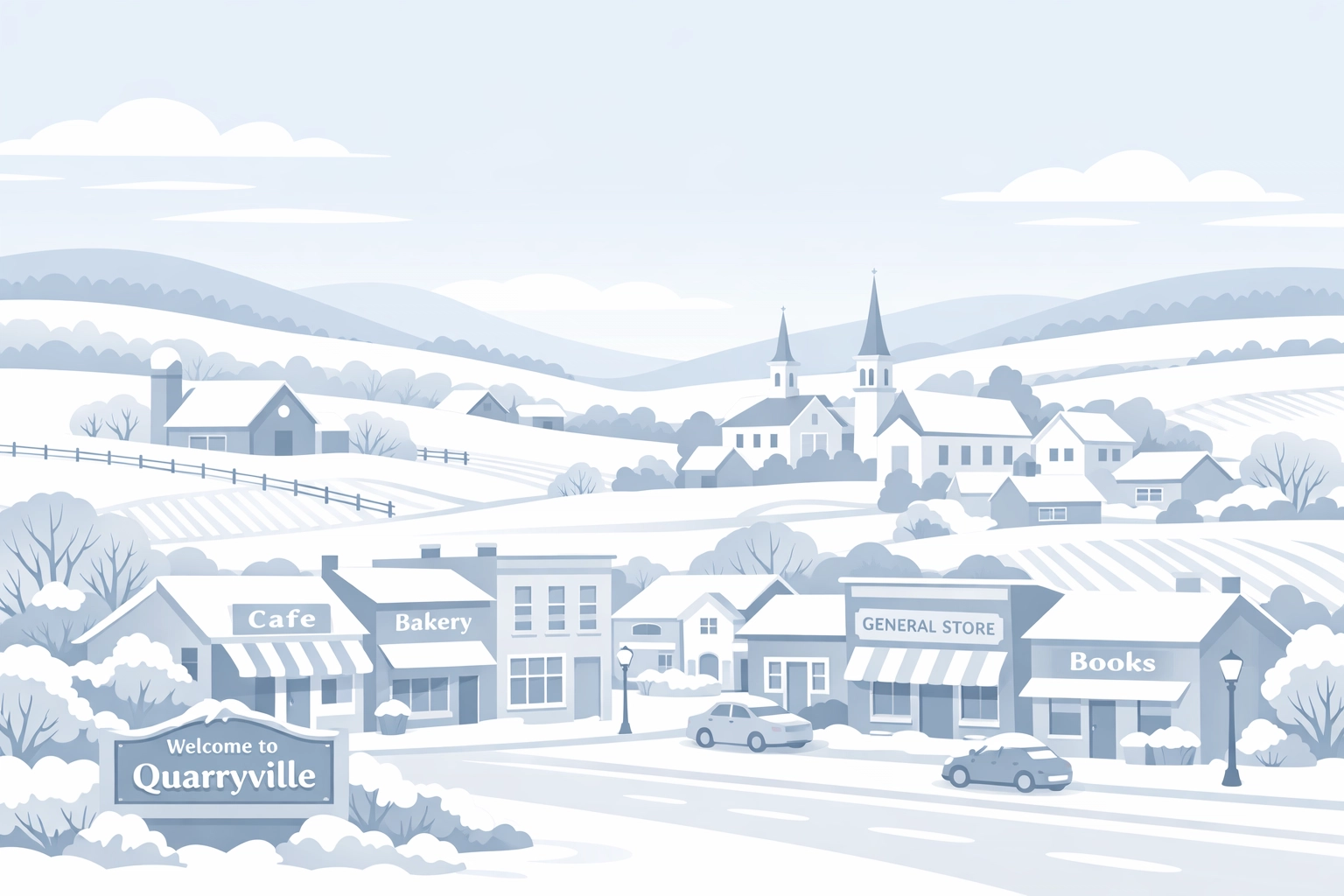 Rural Quarryville Pennsylvania landscape with farmland and small-town main street in winter