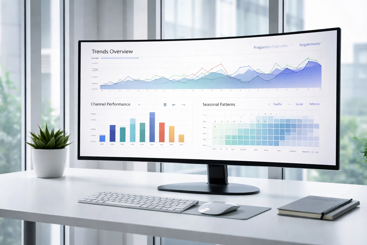 Curved monitor in modern office displaying a data analytics dashboard with trend lines and channel metrics, representing privacy-friendly marketing mix analysis.