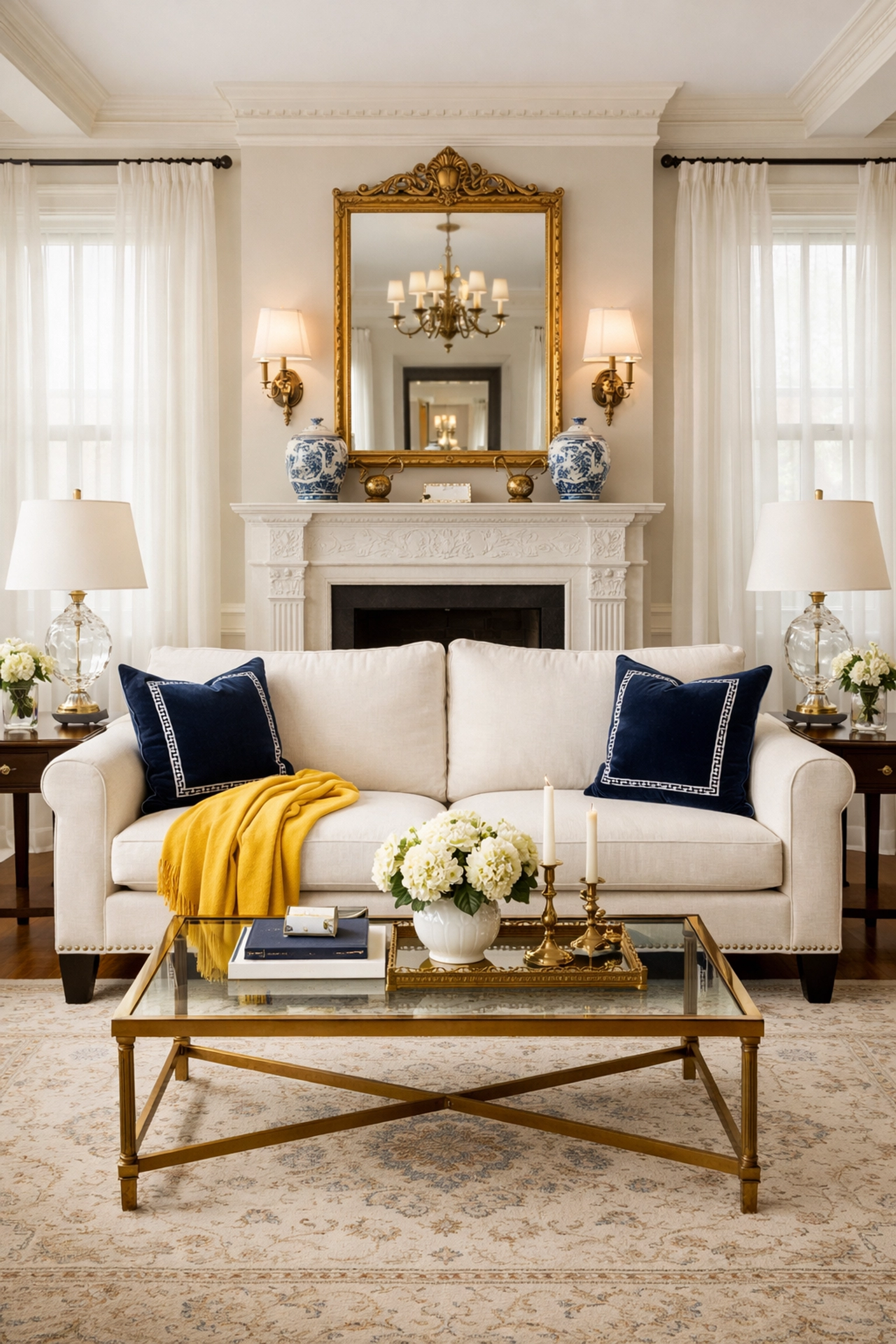 Staged luxury living room in a historic Newton home maintained by professional cleaners for real estate showings.