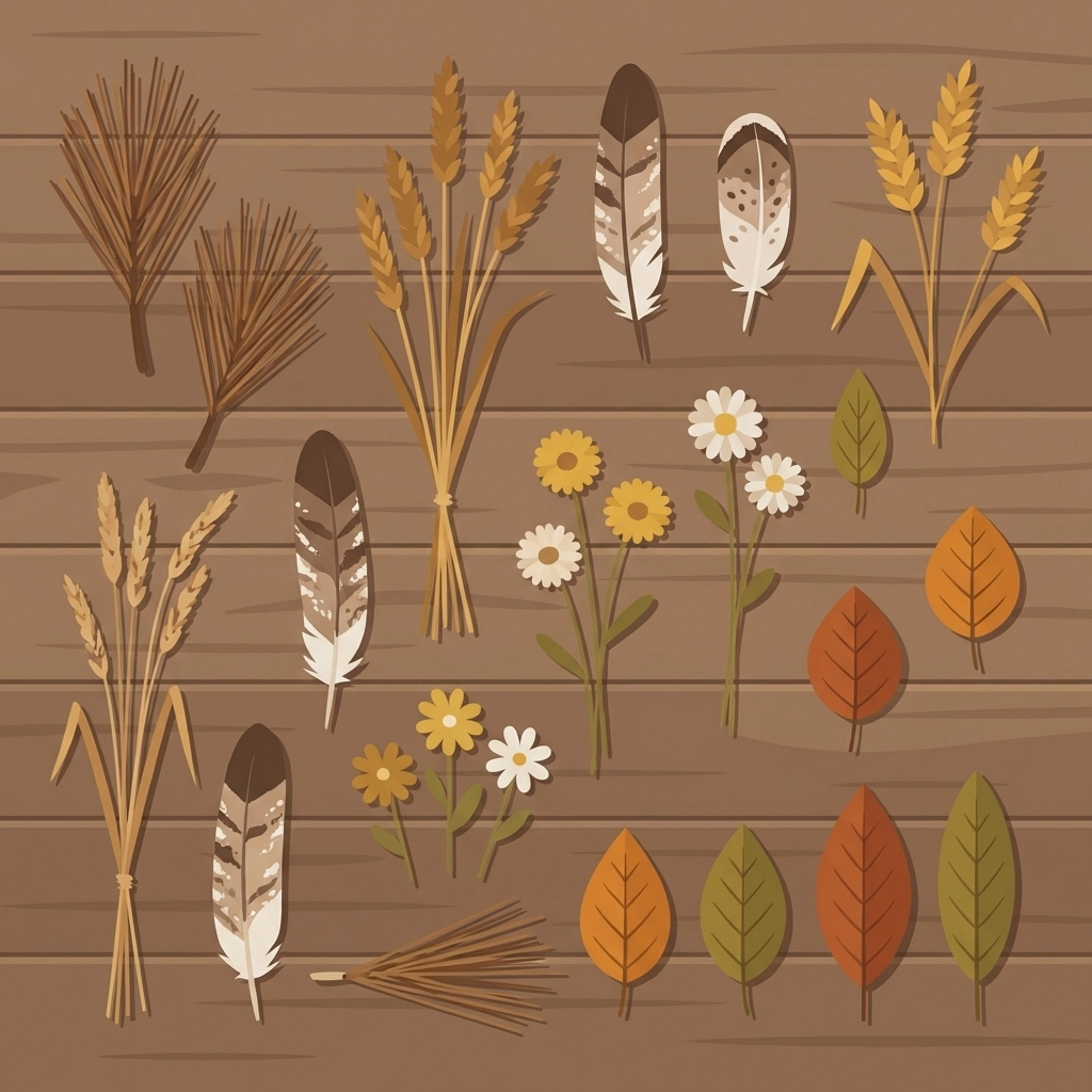 Foraged natural art materials including pine needles, grasses, feathers, flowers, and leaves arranged on a wooden surface for making paintbrushes.