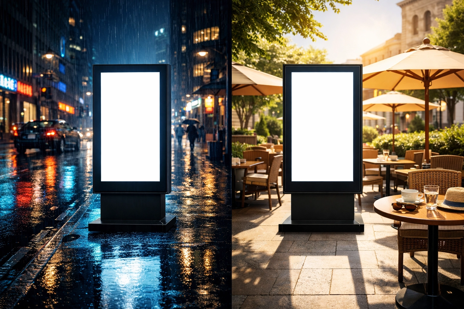 Adaptive DOOH screens adjusting to rain and sunlight in an urban setting.