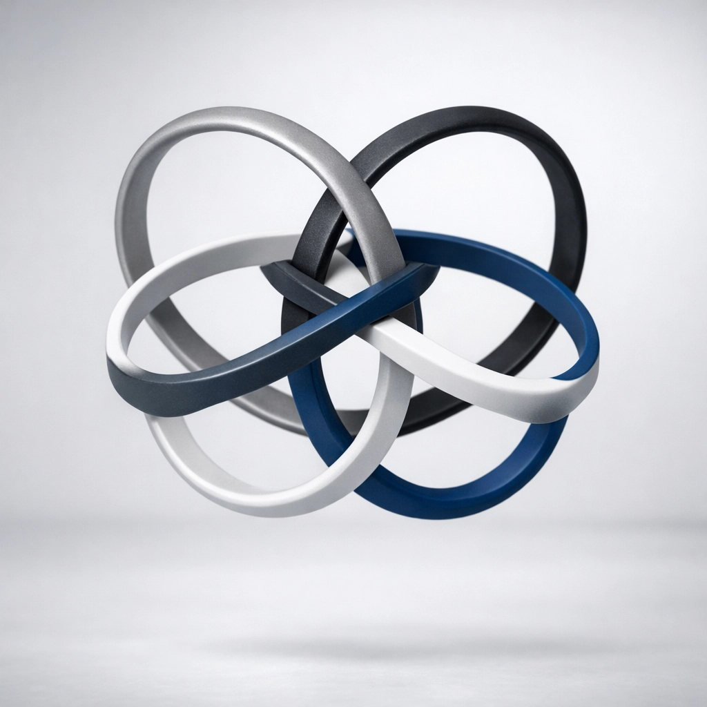 Four interlocking rings representing the Quadruple Helix framework for collaborative education and training systems.