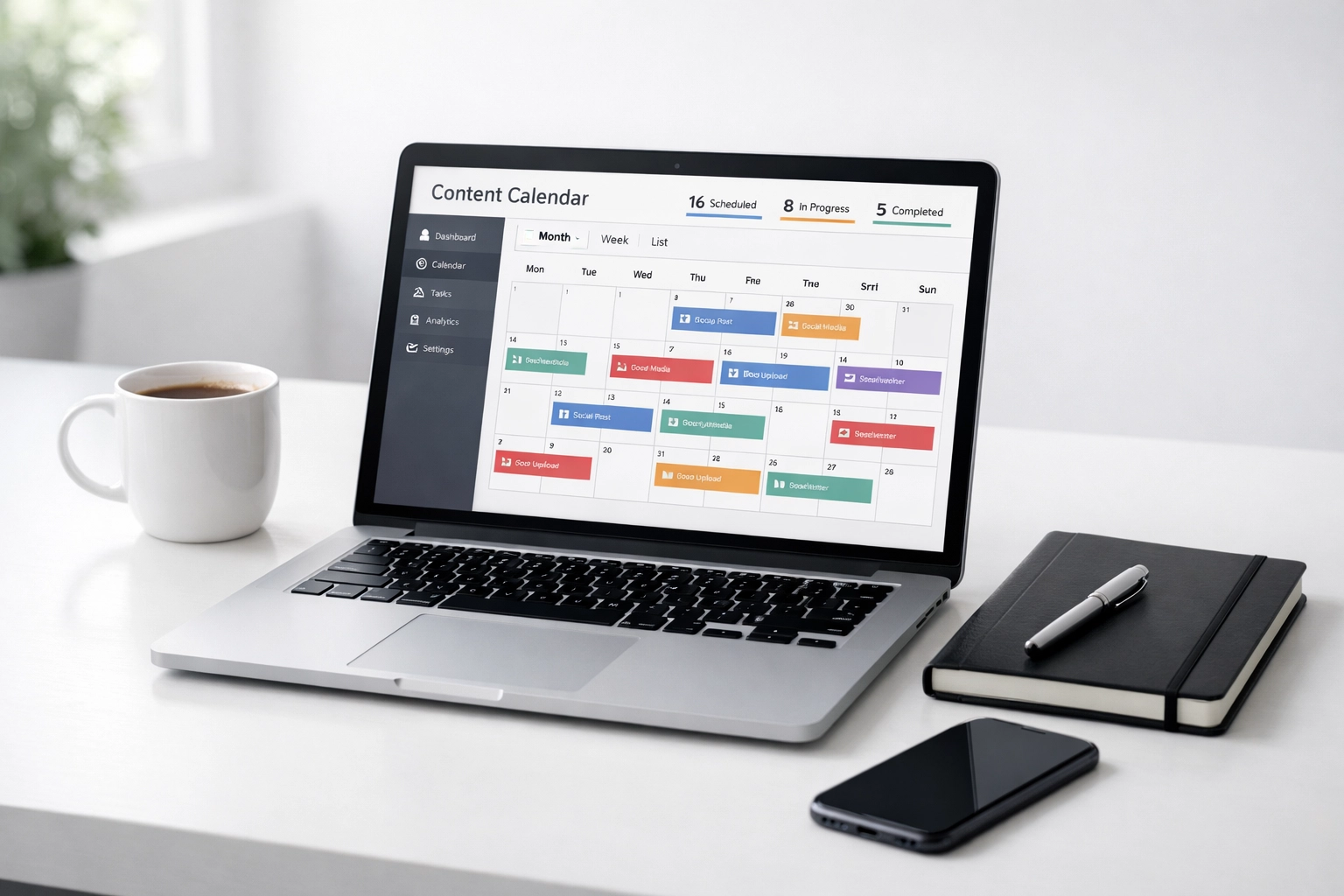 Automated content calendar system on laptop for streamlined press release scheduling