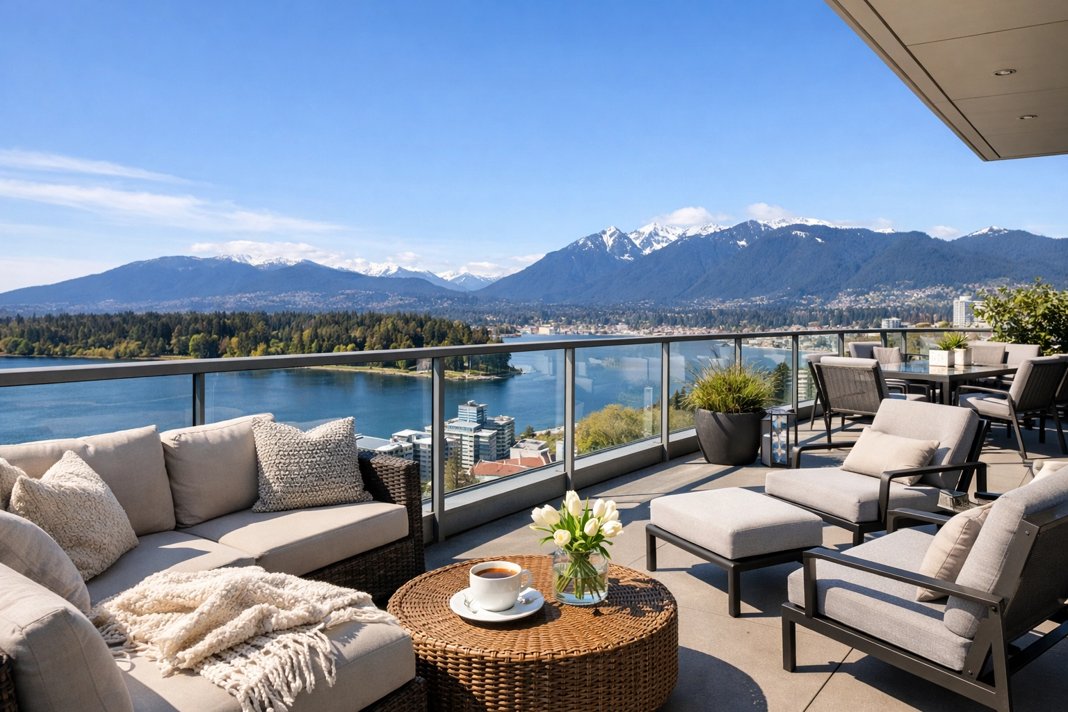 Luxury Vancouver rental balcony overlooking mountains, styled to maximize seasonal rental yields.