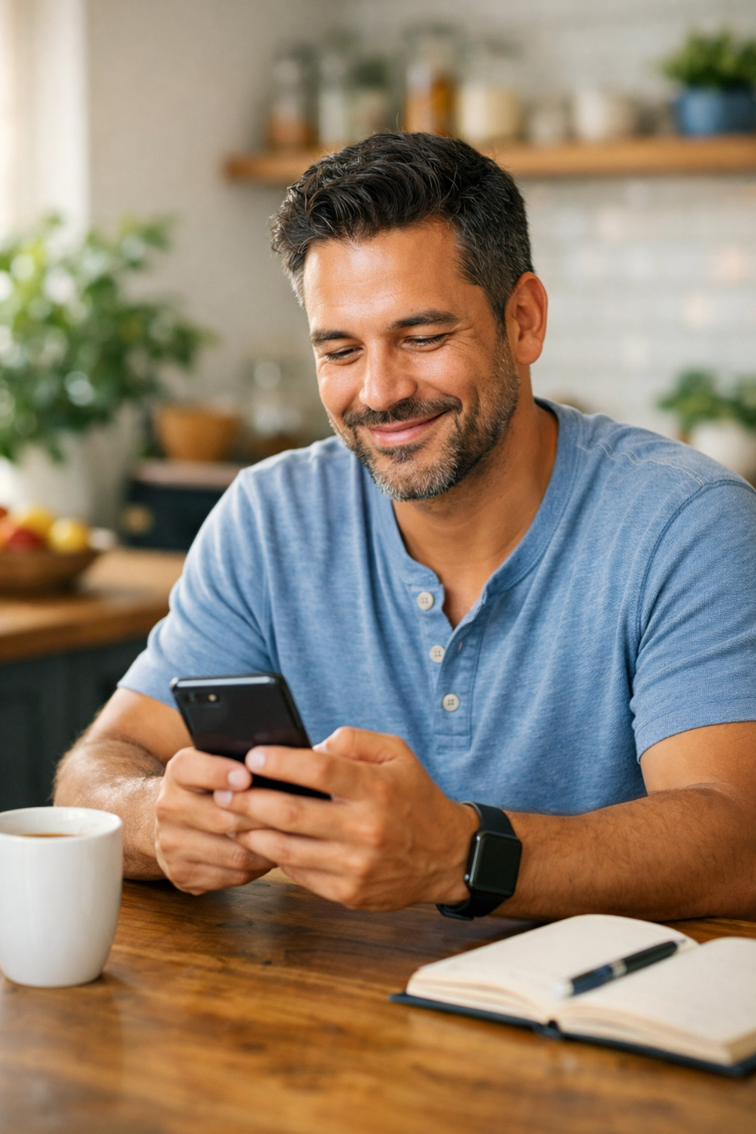 Man completing an online weight loss doctor consultation using a smartphone at home.