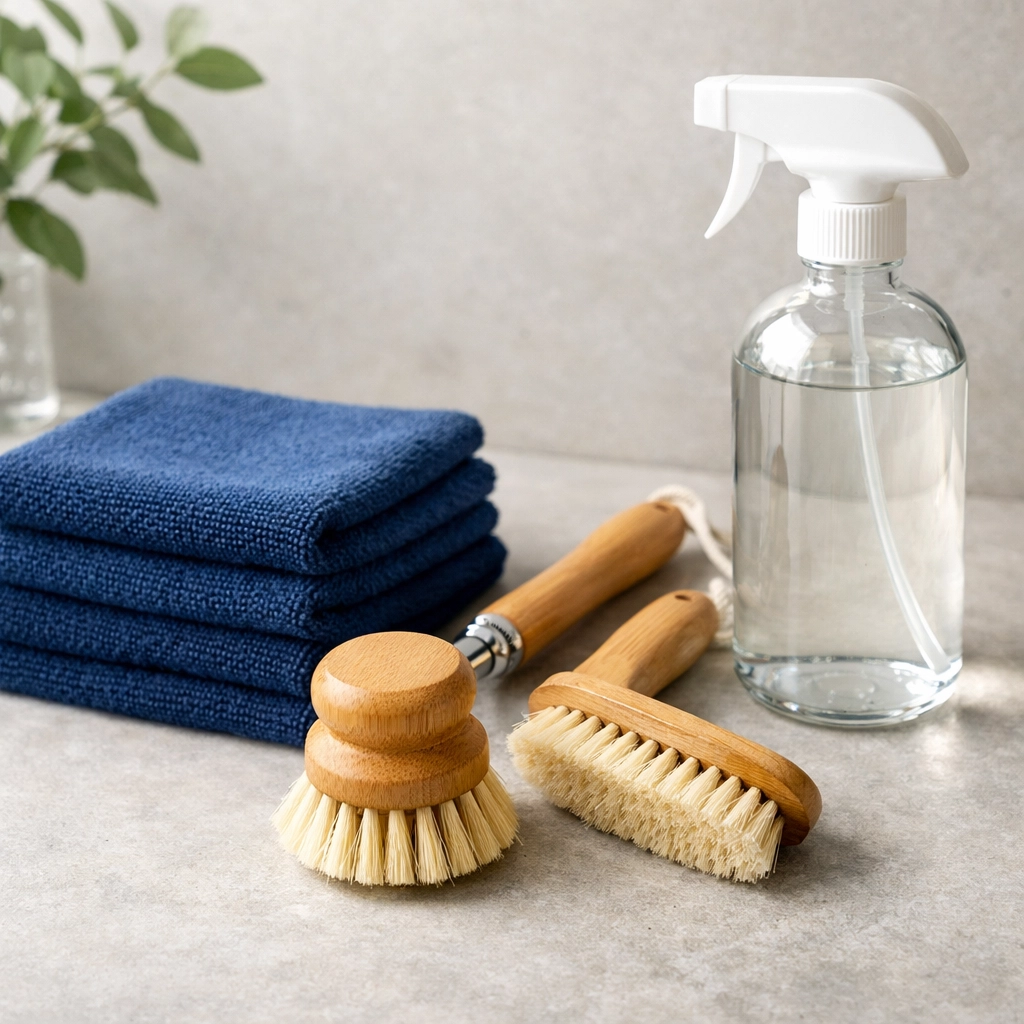 Sustainable Worcester house cleaning tools like microfiber cloths and bamboo brushes for a green home.