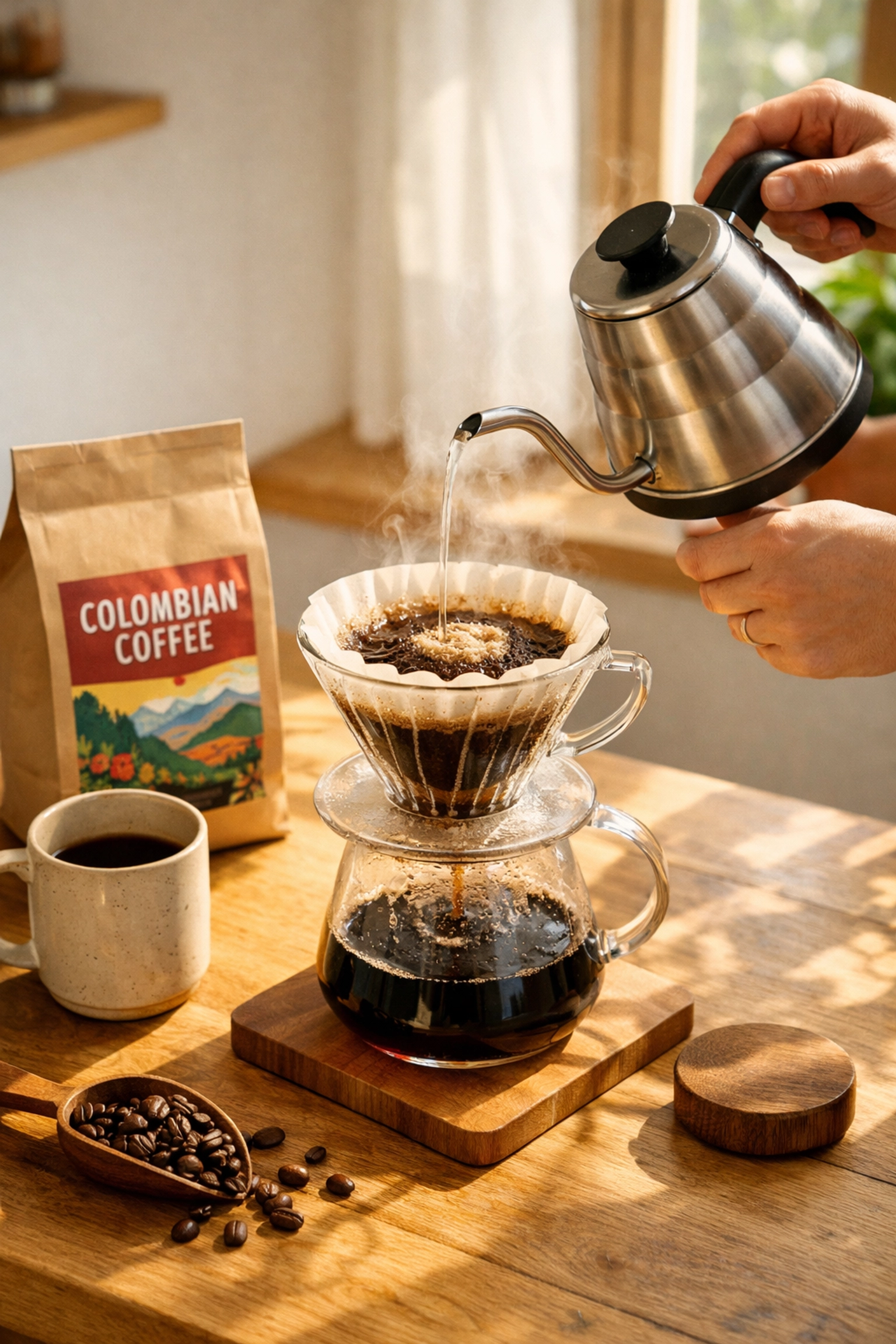 Pour-over brewing Colombian coffee at home with glass dripper and fresh grounds