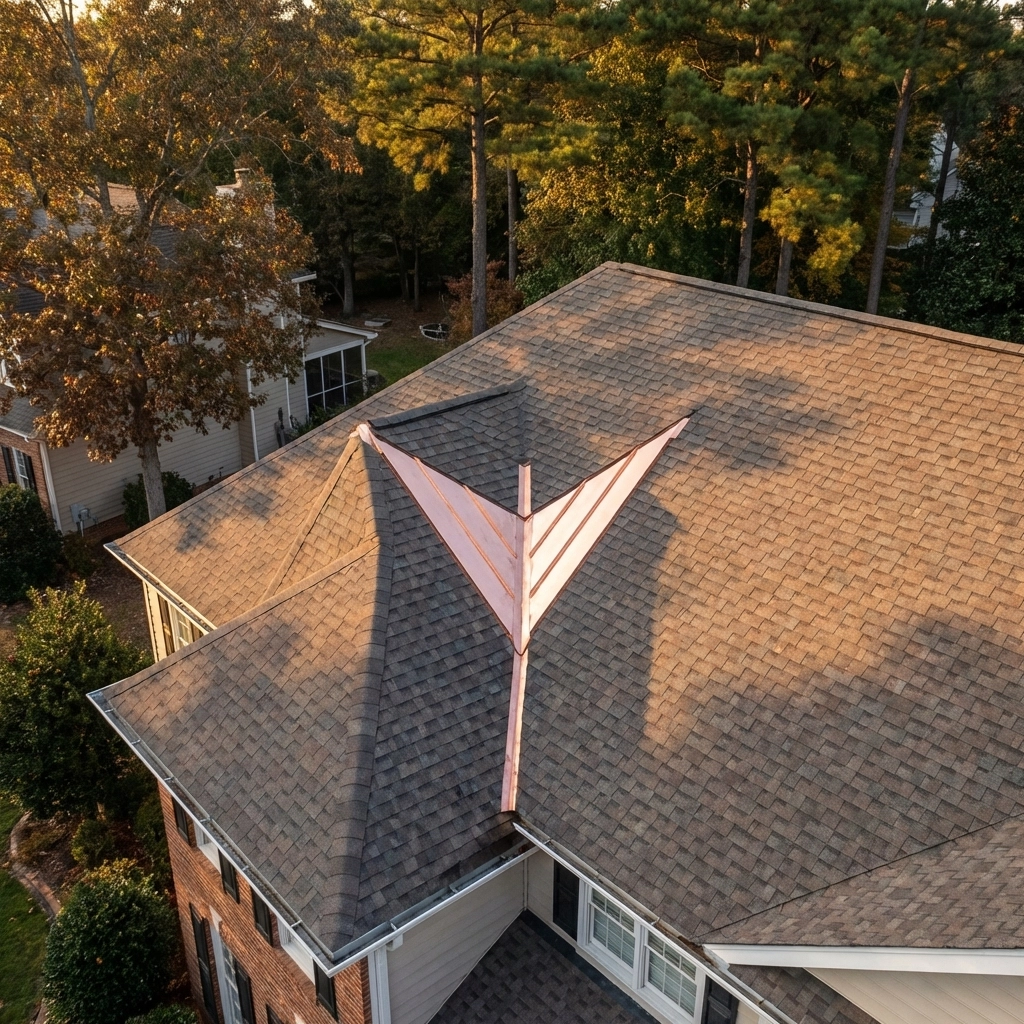 Aerial view of a Charlotte home roof showing a clearly defined valley with metal flashing for proper drainage.