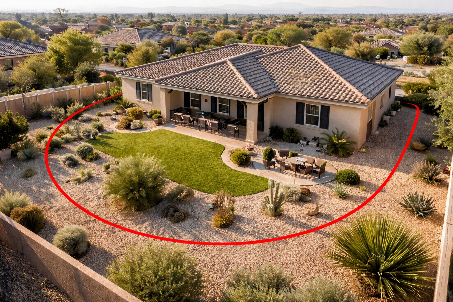 Aerial view of a well-maintained Coolidge, AZ backyard with landscape designed to prevent scorpions