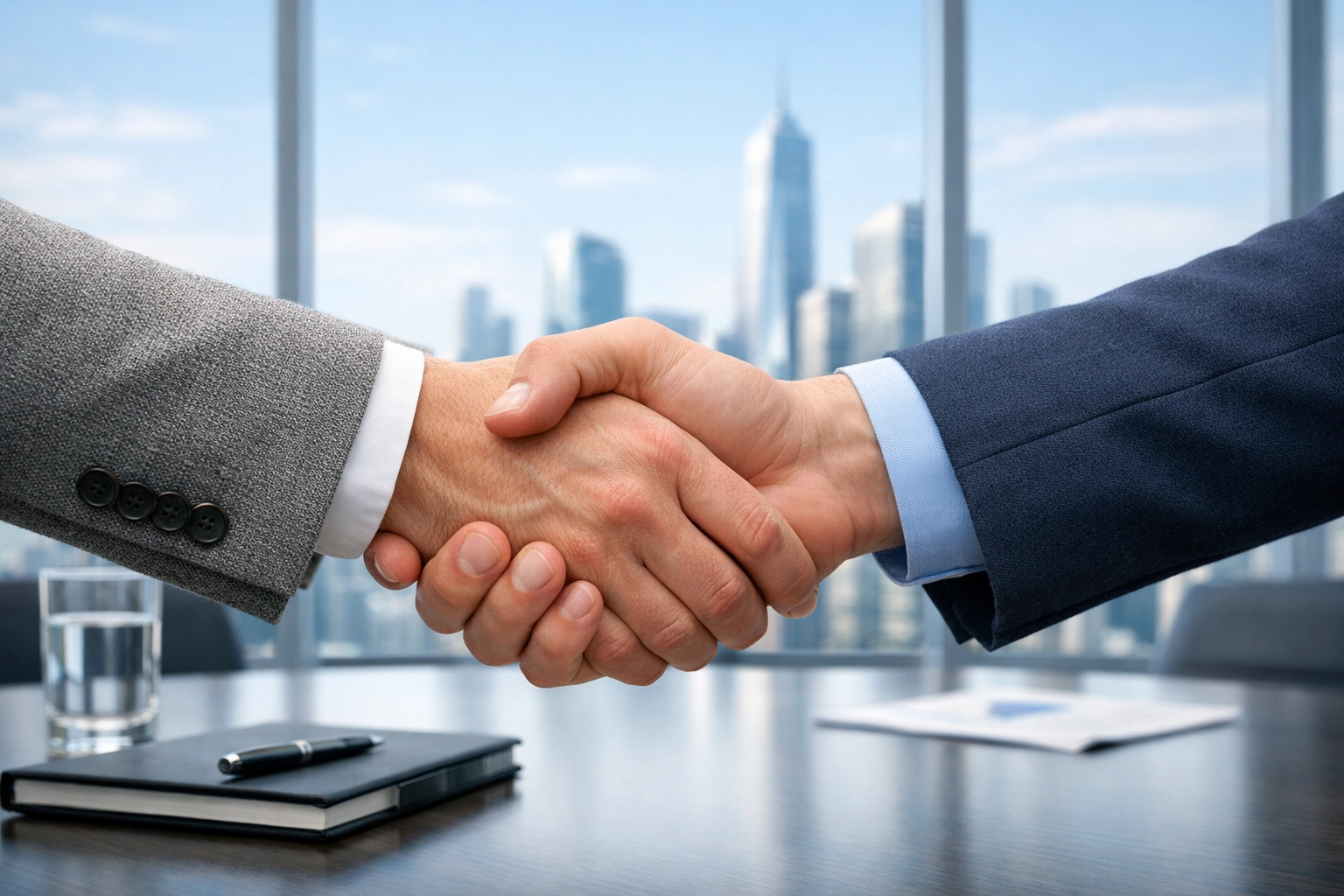 Executives shaking hands in a boardroom to celebrate a successful career-ready talent pipeline.