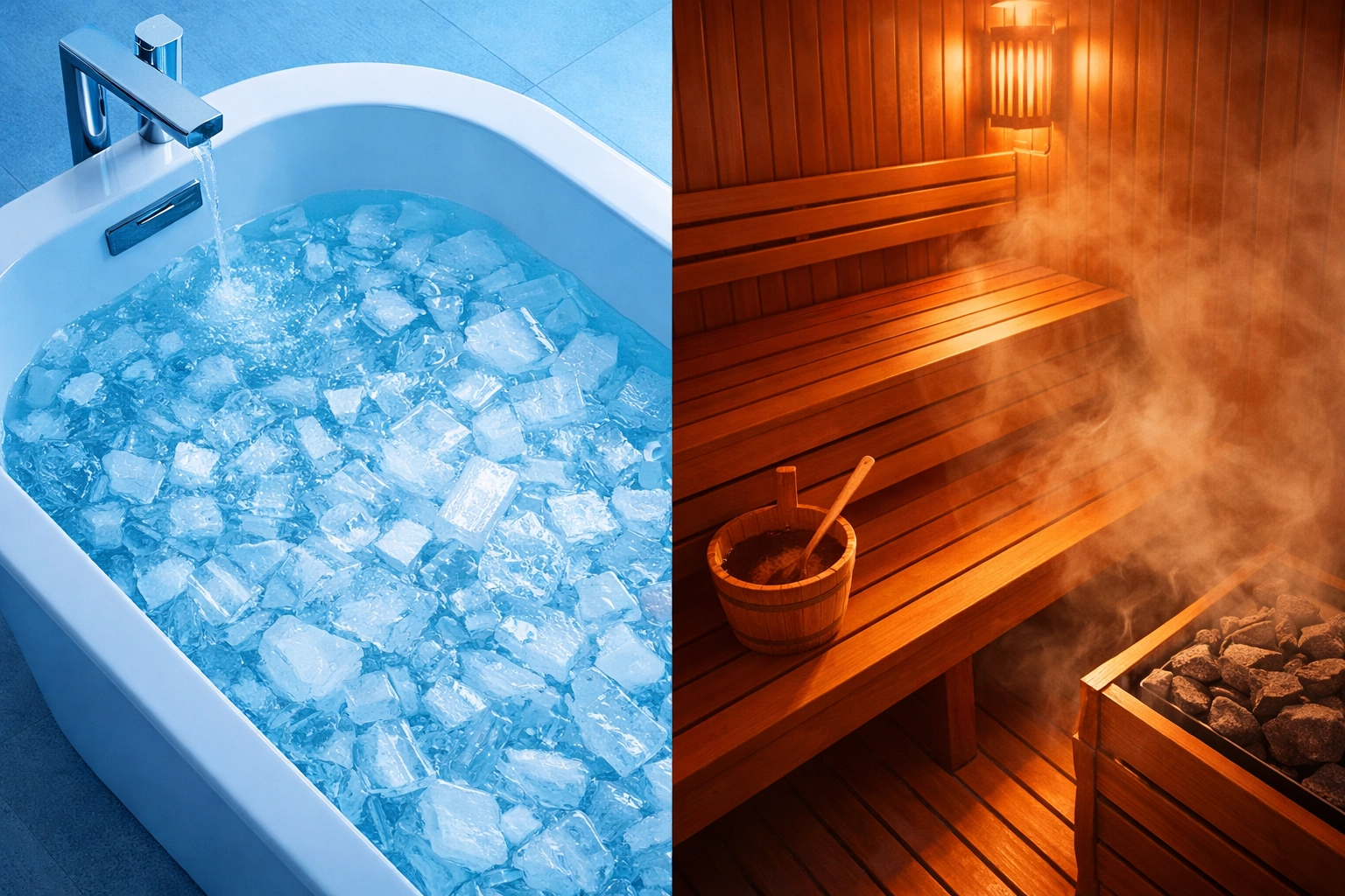 Cold water ice bath and sauna side by side comparing thermal recovery methods