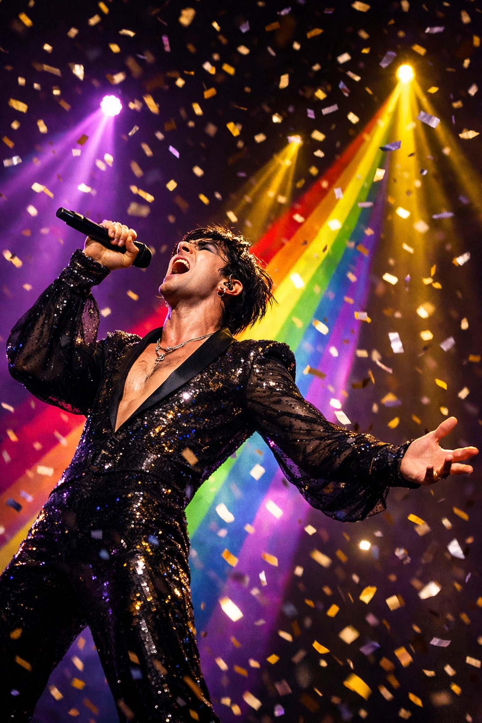 Eurovision performer hitting powerful high note on stage under rainbow spotlights