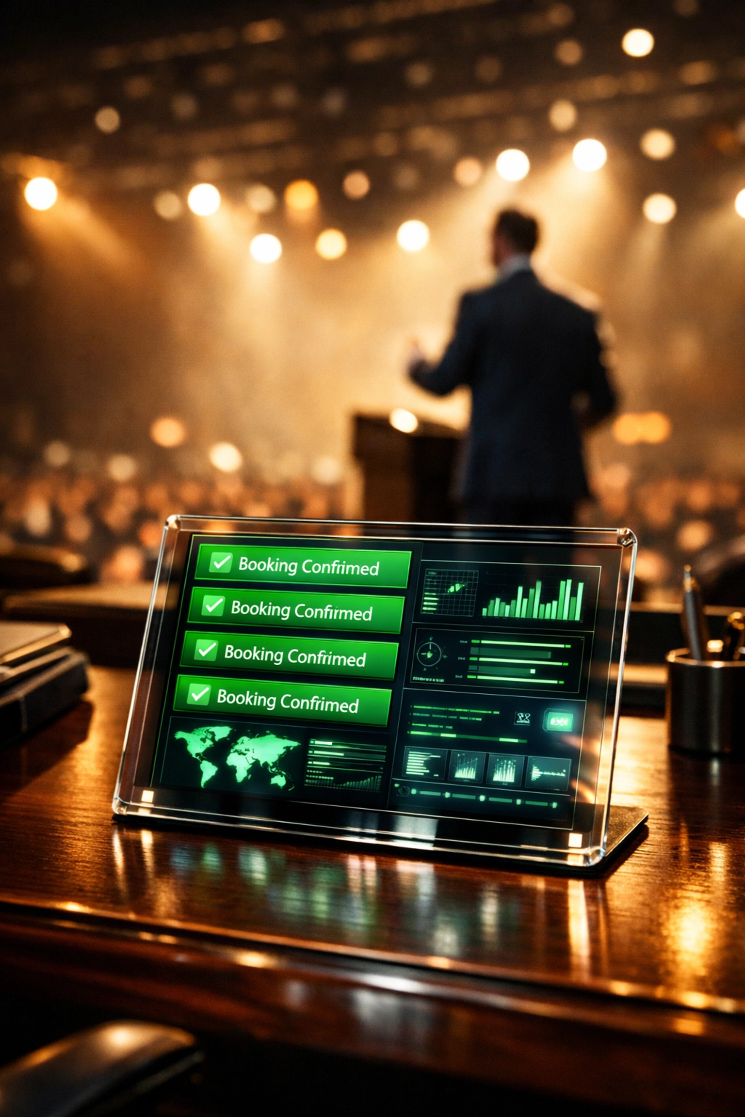 Dashboard showing confirmed speaker bookings on a tablet with a professional speaker on stage in the background.