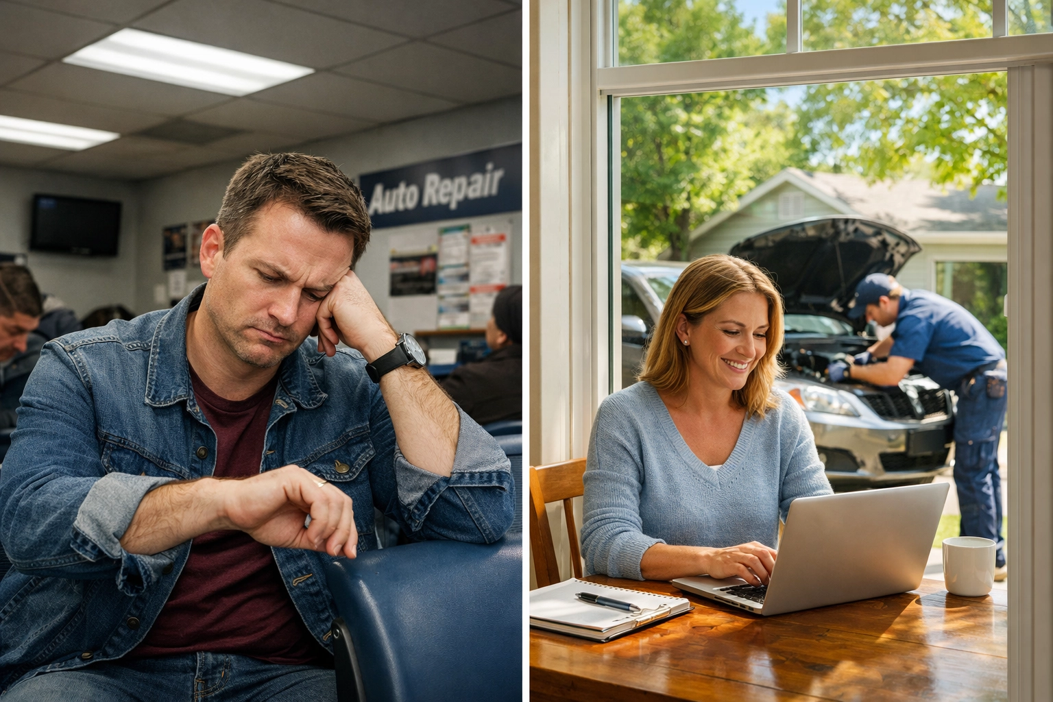 Comparison of waiting at auto shop versus working from home during mobile car repair service