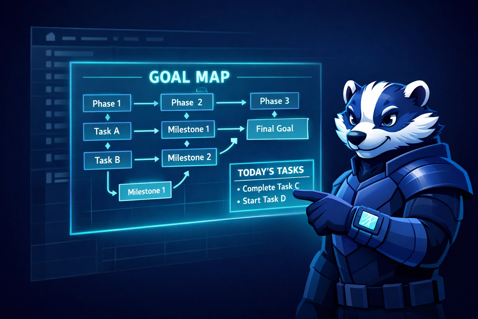 Goalbadger strategist pointing to a holographic Goal Map with sequencing and dependencies, with a Notion-style database fading behind it (no cape, athletic build, three-part white forehead blaze, navy segmented armor, supportive mentor vibe).