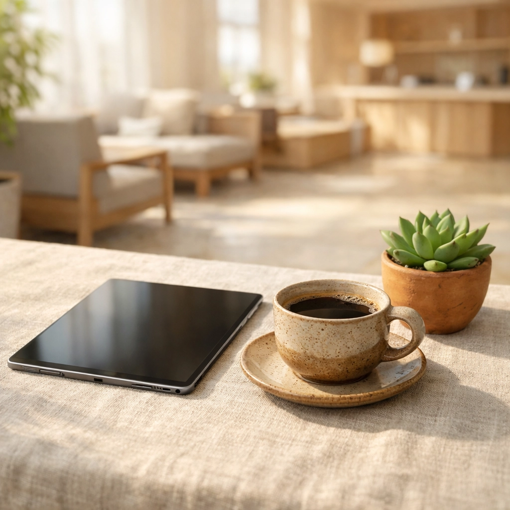 Modern hotel PMS dashboard on a tablet in a sun-lit lounge, illustrating cloud-based property management.