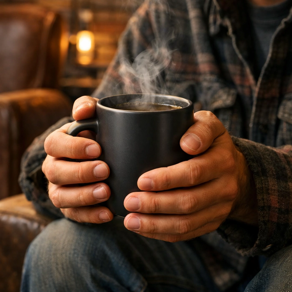 Enjoying a warm cup of toxin-free coffee, providing safe energy for those with histamine intolerance.