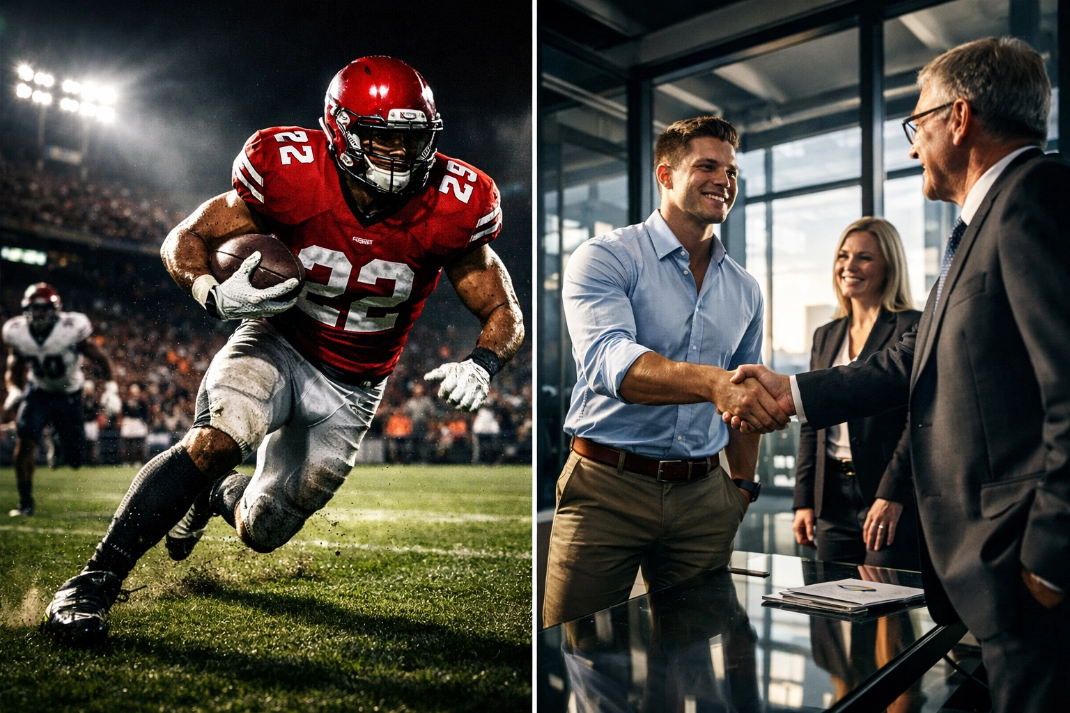 College football player transitioning to professional brand partnership meeting with executives