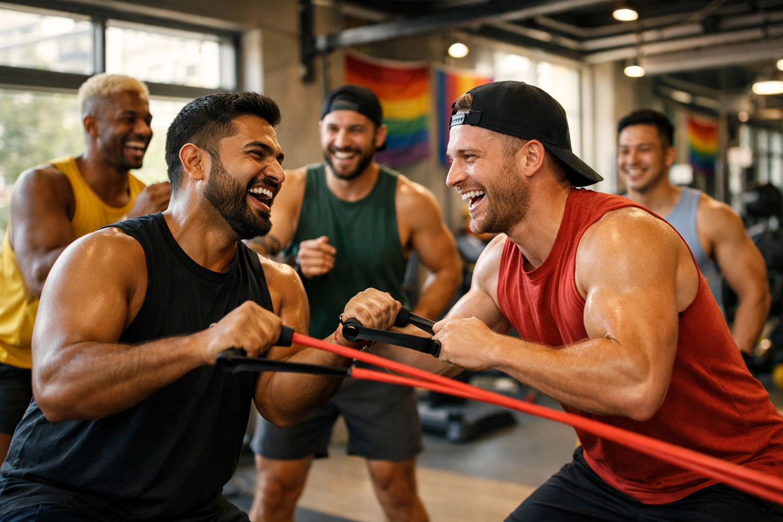 Gay men working out together at LGBTQ+ friendly gym with community atmosphere