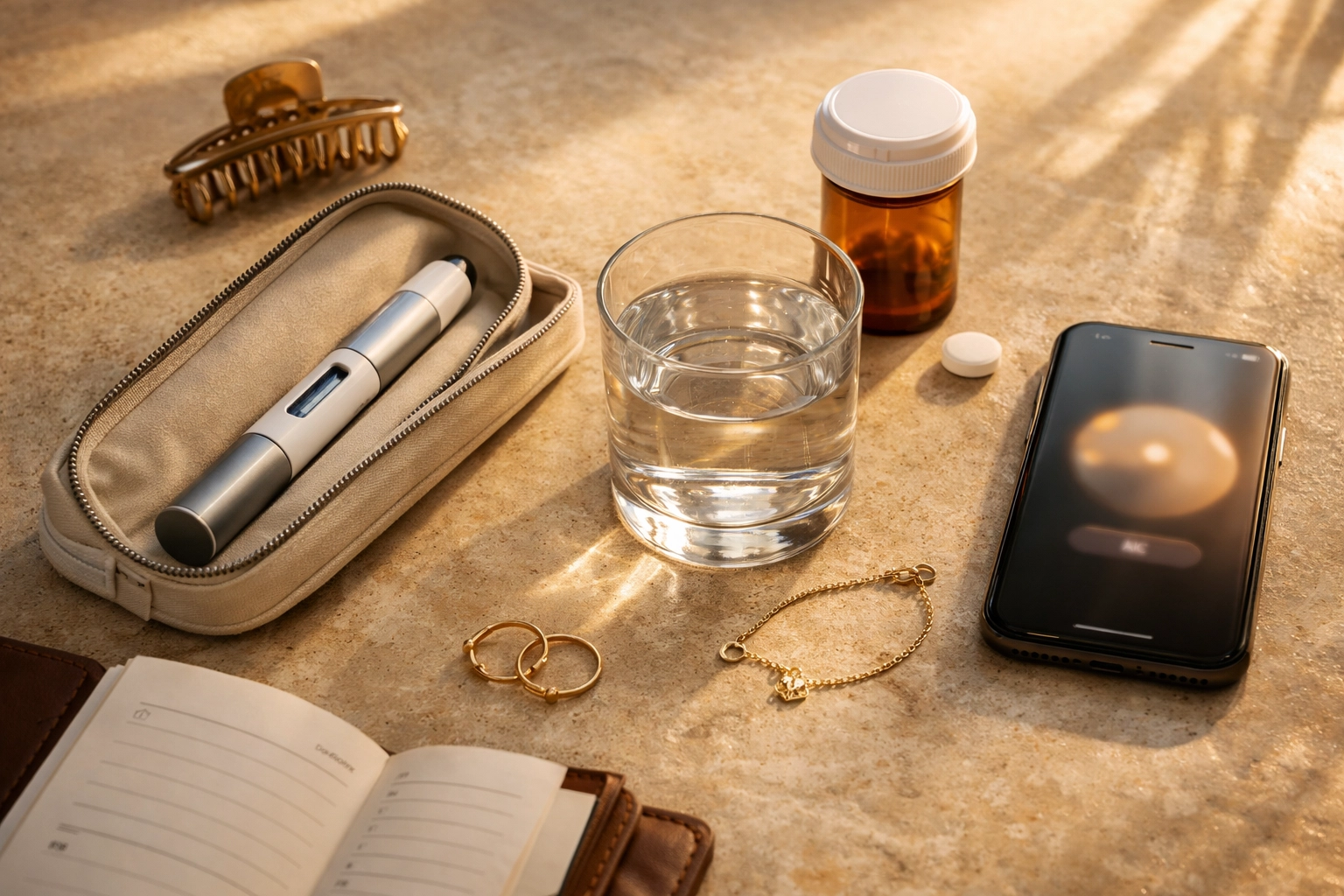 Comparison of an injectable GLP-1 pen and oral weight loss medication on a bathroom counter.