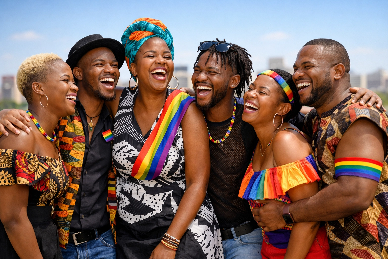 Joyful Black LGBTQ+ activists celebrating Botswana's legal triumph and community pride.