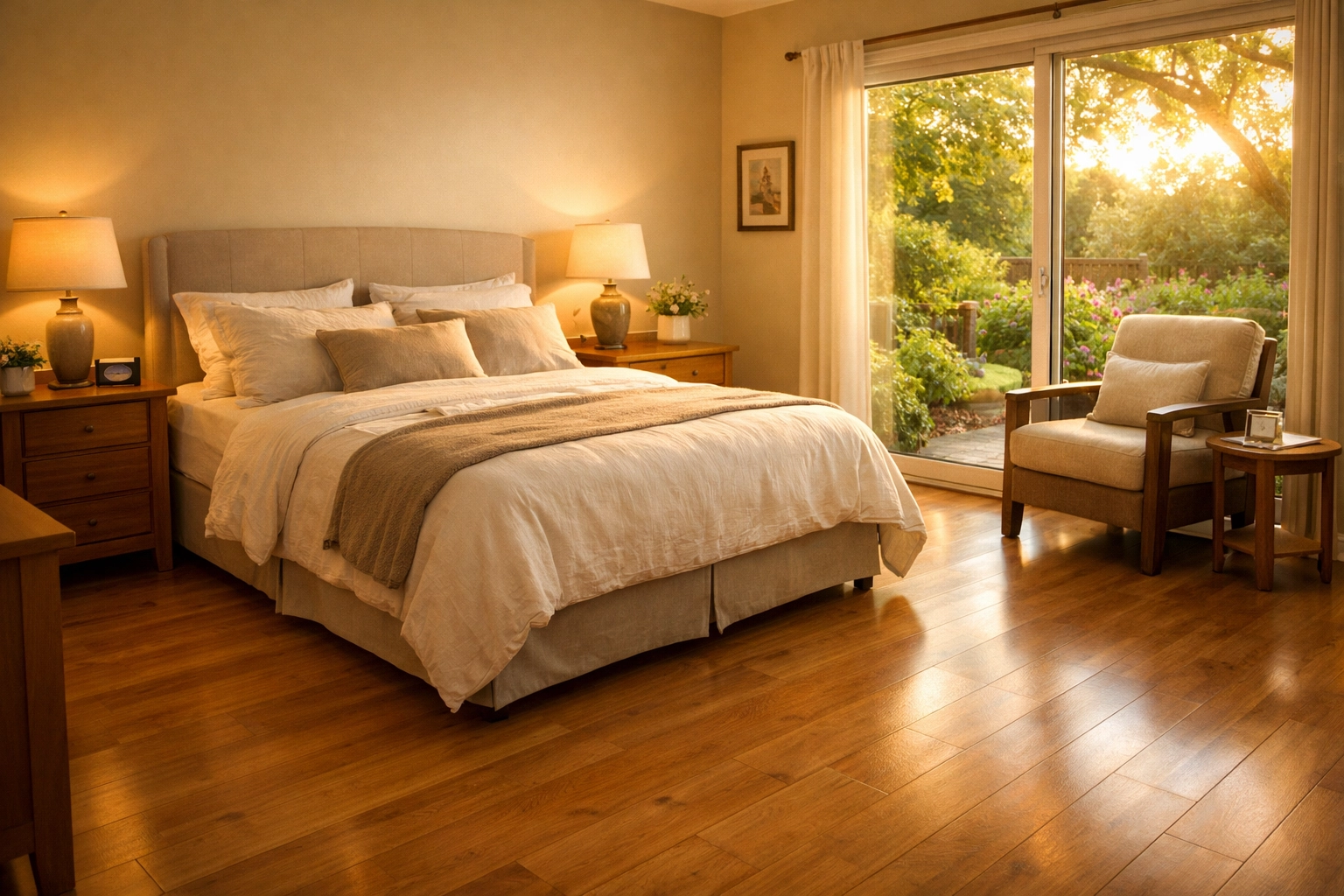 An accessible ground-floor bedroom with clear walkways and no rugs to support safe aging in place.