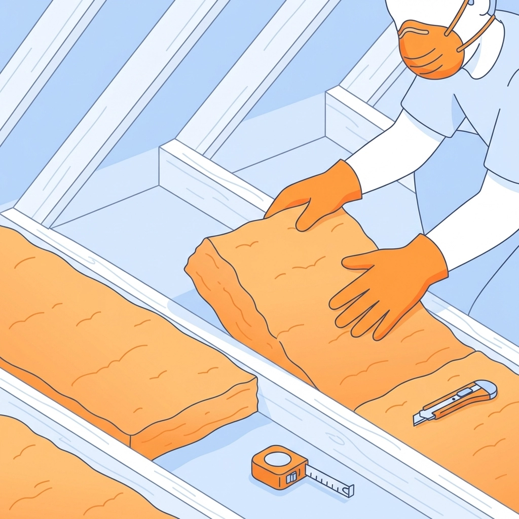 Hands installing insulation between loft joists, demonstrating safe and proper loft insulation layering techniques.