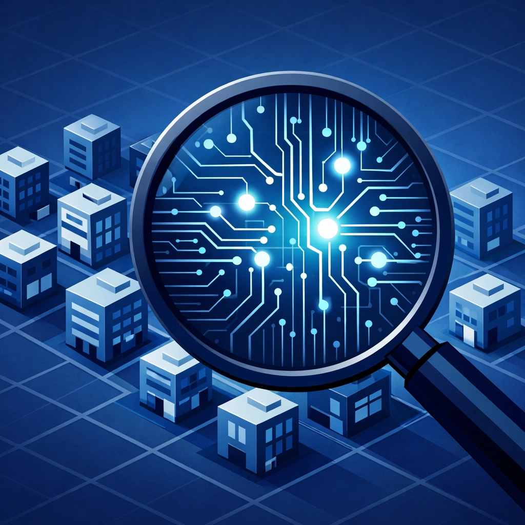 Vector illustration of a magnifying glass scanning office buildings for AI-driven cybersecurity vulnerabilities.