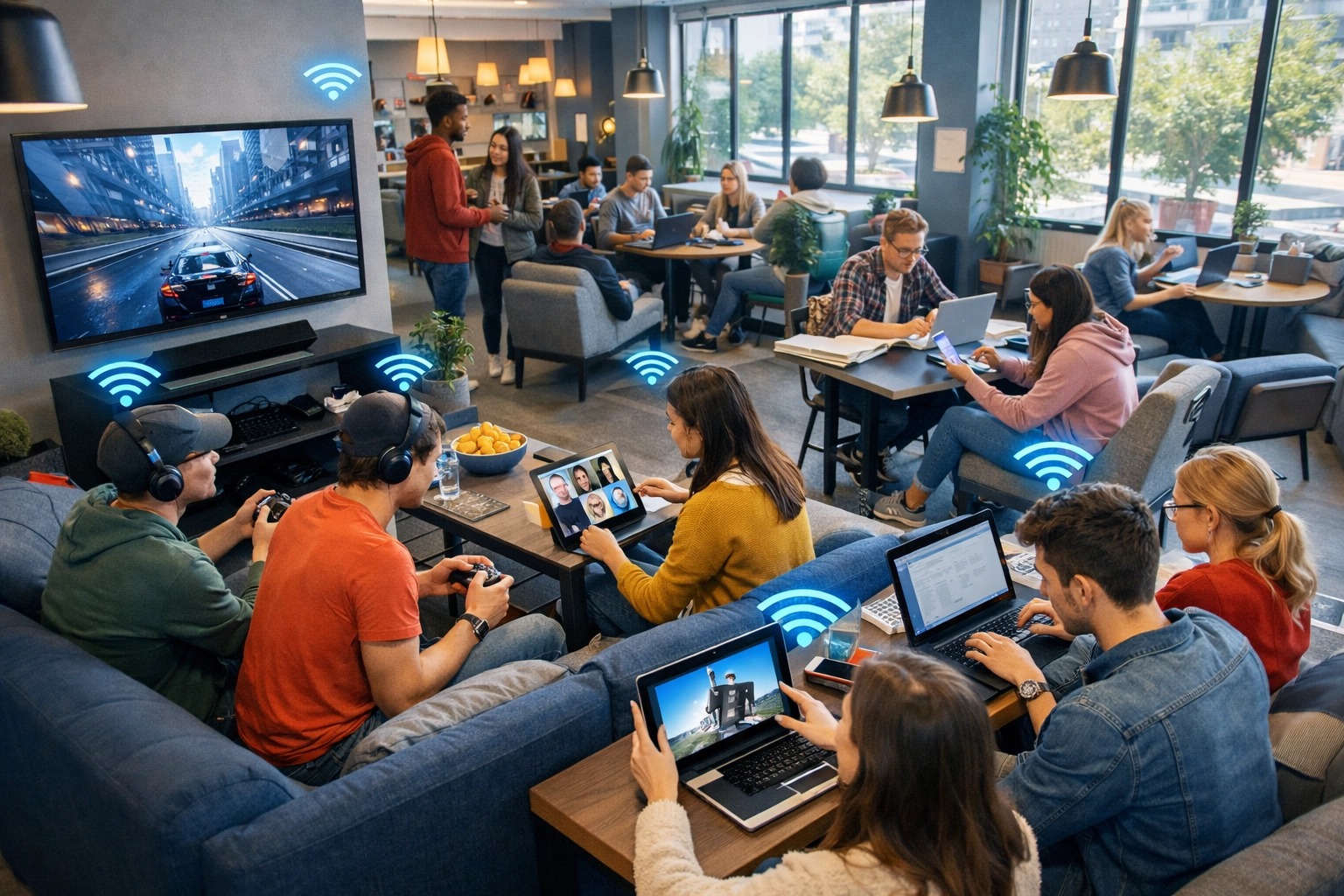 Busy student lounge with multiple residents gaming, studying, and streaming on various devices