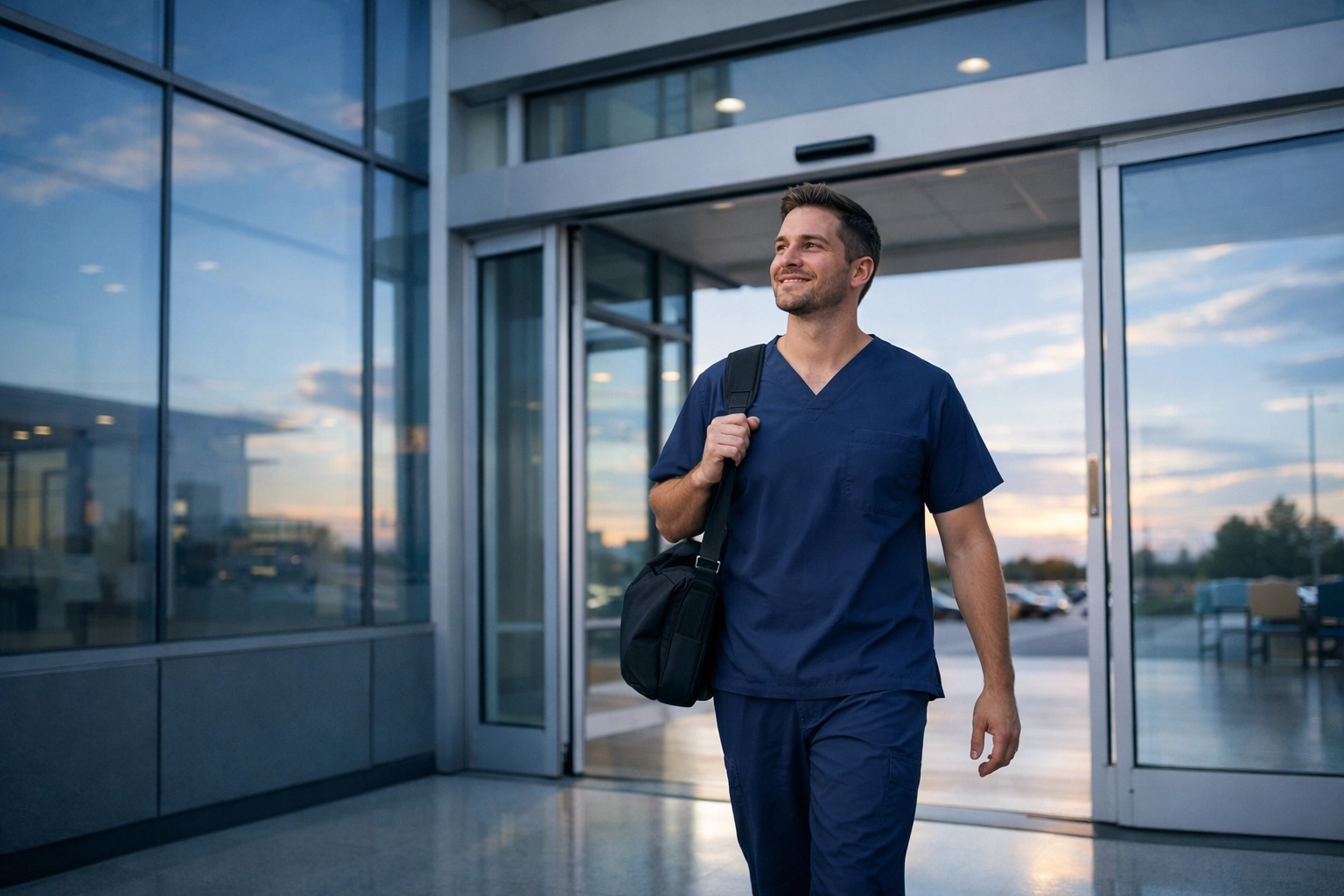 Clinician leaving the office on time after using an AI SOAP note generator to eliminate documentation backlog.