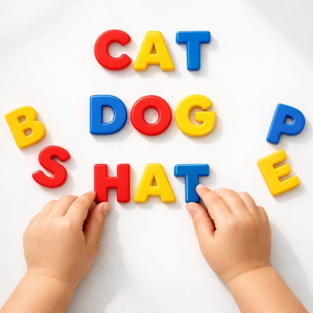 Child practicing phonics by arranging magnetic letters to build words