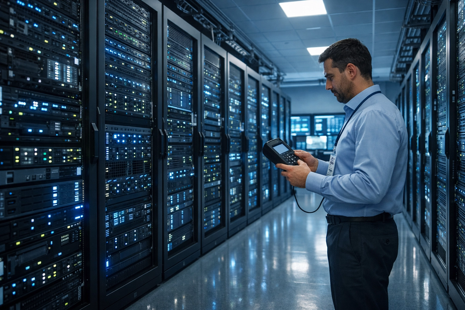 IT professional managing hospital data servers for secure healthcare AI infrastructure and data governance.