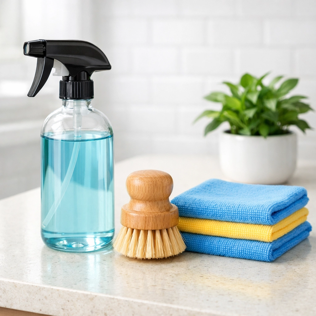 Non-toxic supplies for eco-friendly house cleaning Framingham MA on a clean marble surface.